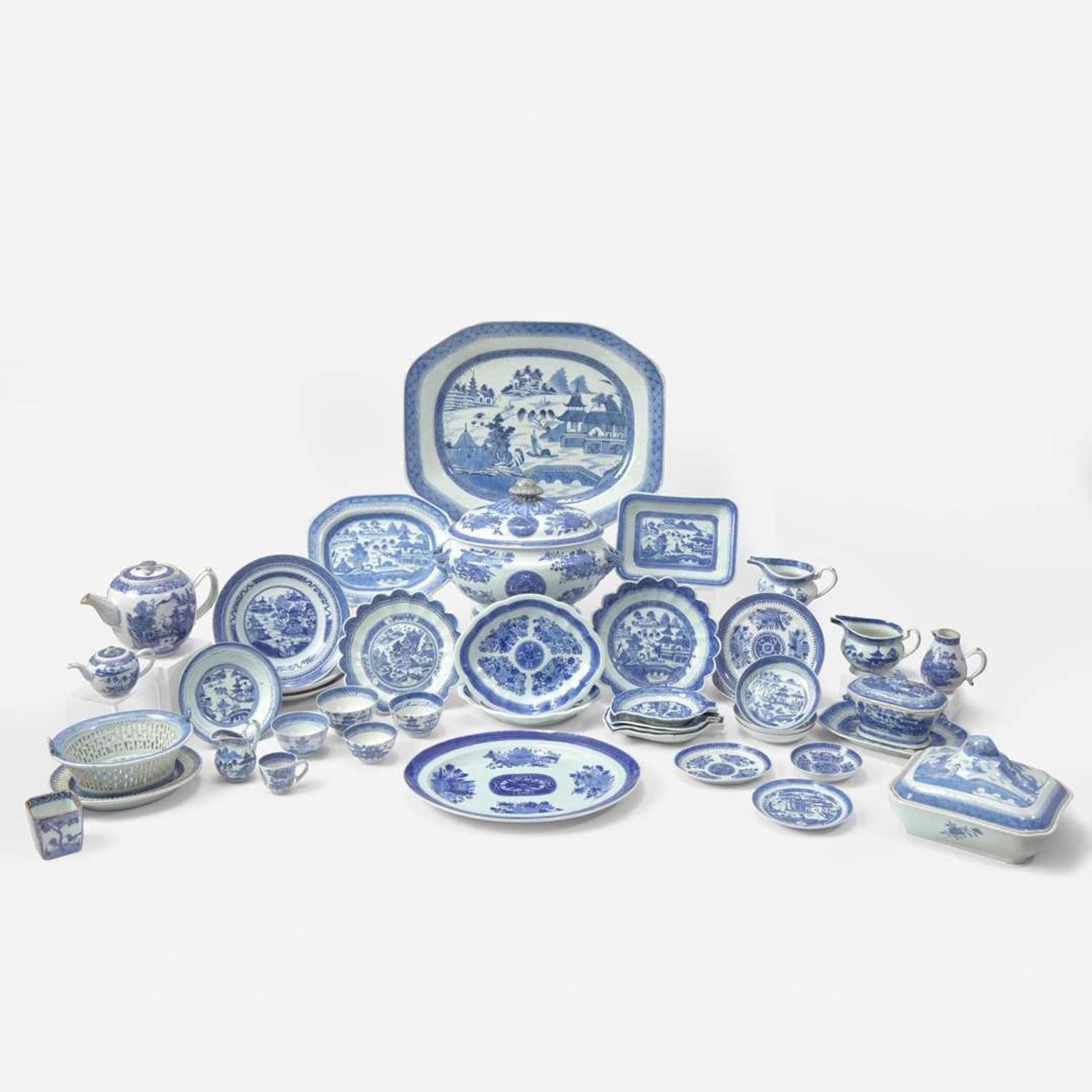 A large collection of forty-two Chinese Export porcelain Canton and Blue Fitzhugh tablewares late 18th / early 19th century