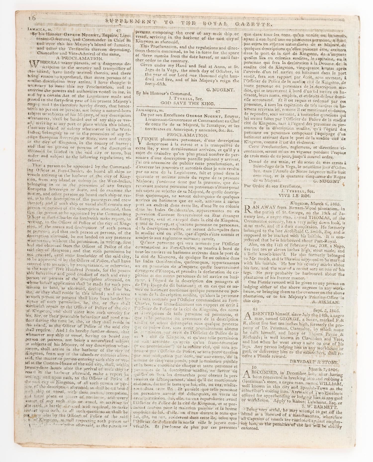 [BATTLE OF TRAFALGAR]. Supplement to the Royal Gazette and the Jamaica Courant . Vol. XXVIII, No. 13. Kingston: 29 March 1806.