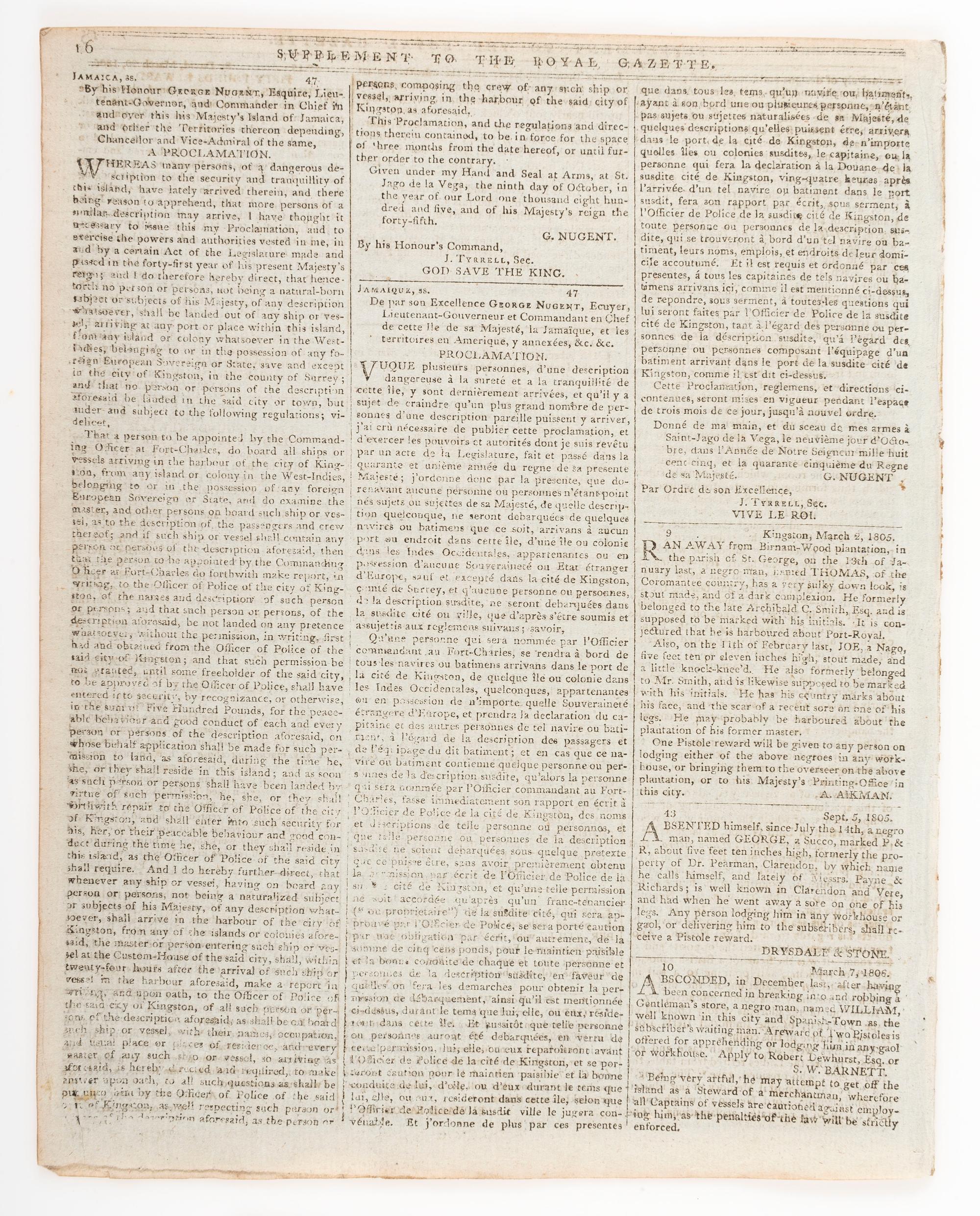 [BATTLE OF TRAFALGAR]. Supplement to the Royal Gazette and the Jamaica Courant . Vol. XXVIII, No. 13. Kingston: 29 March 1806.
