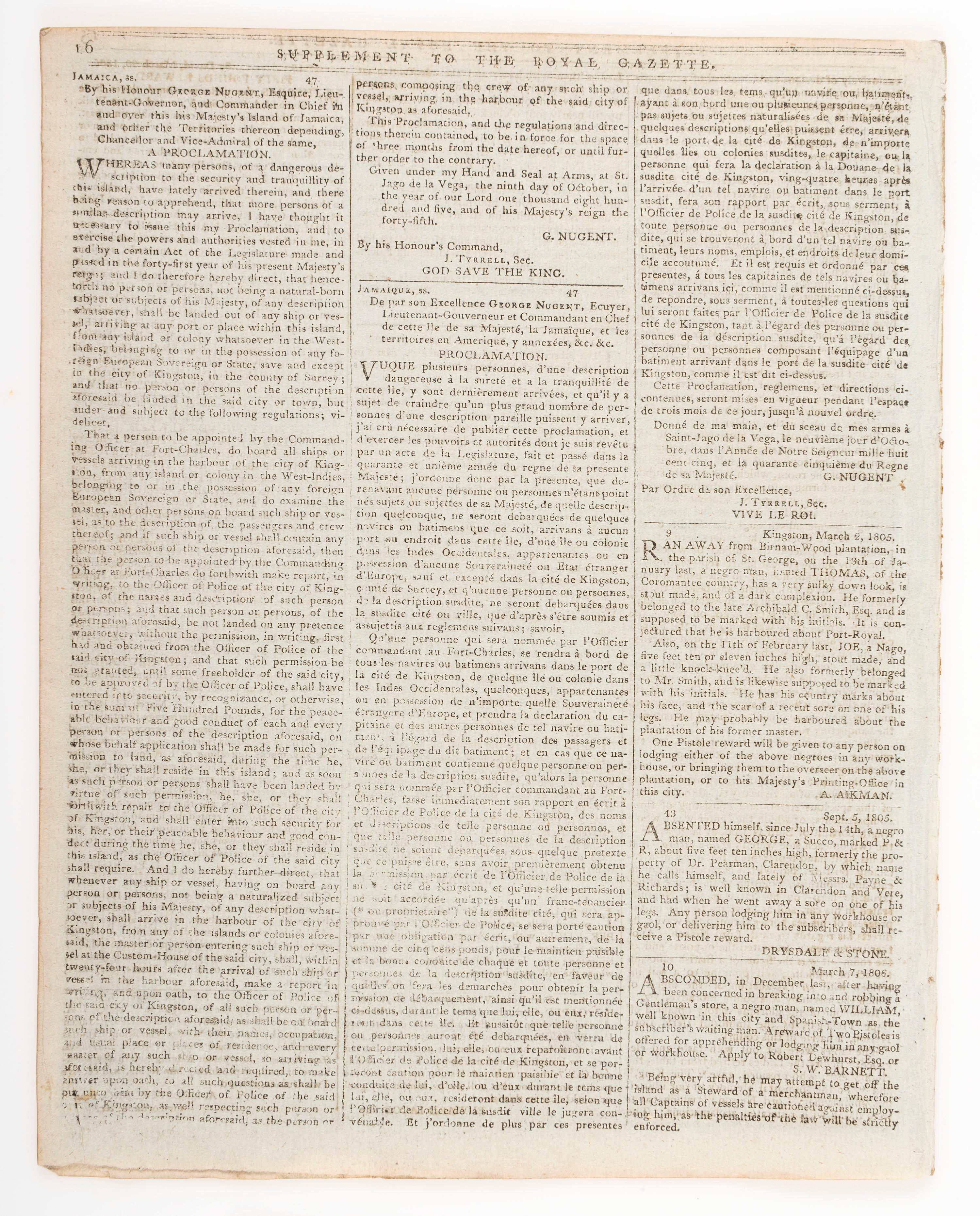[BATTLE OF TRAFALGAR]. Supplement to the Royal Gazette and the Jamaica Courant . Vol. XXVIII, No. 13. Kingston: 29 March 1806.