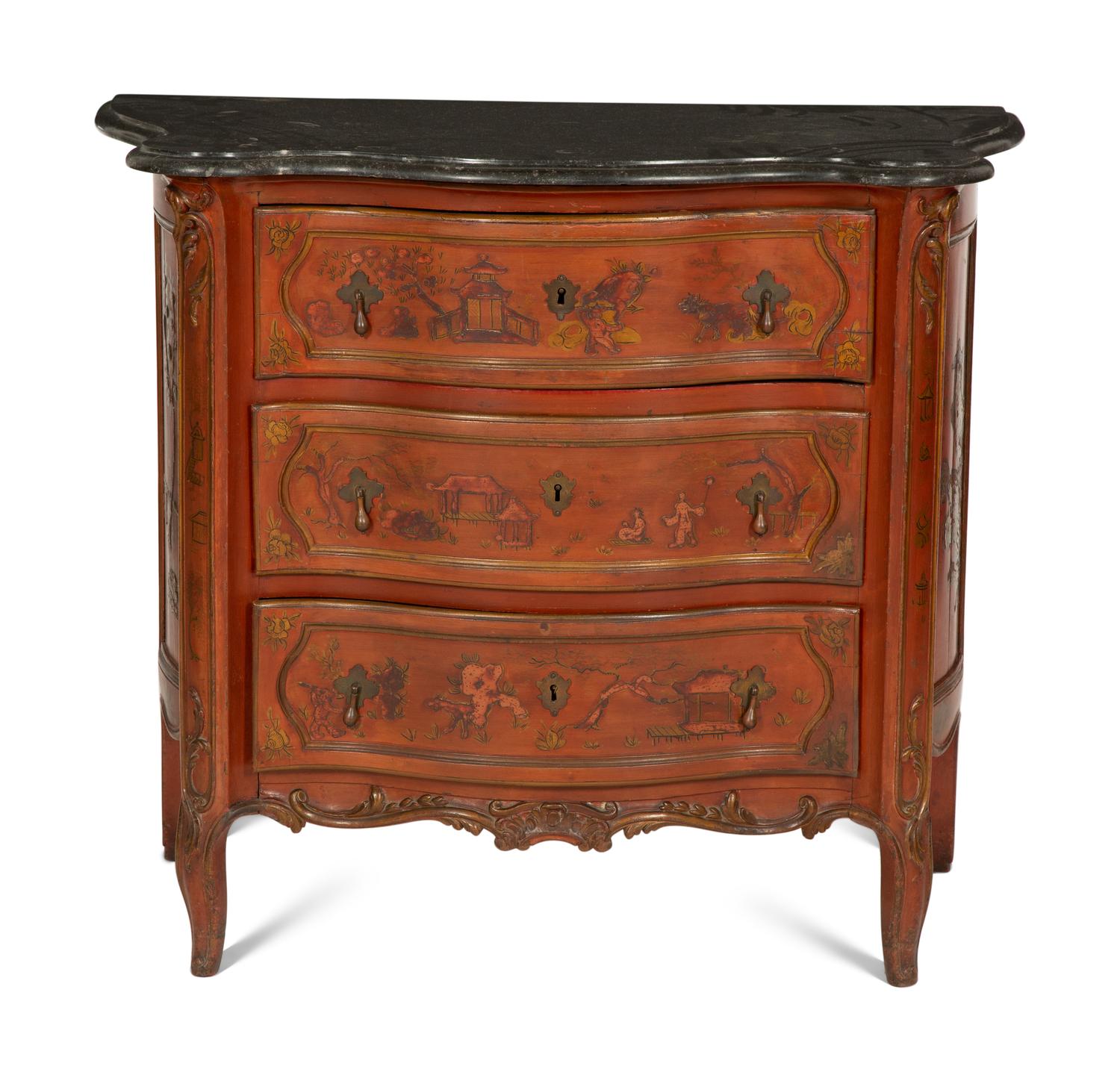 A Louis XV Style Red Japanned Marble-Top Serpentine Commode
