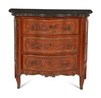A Louis XV Style Red Japanned Marble-Top Serpentine Commode