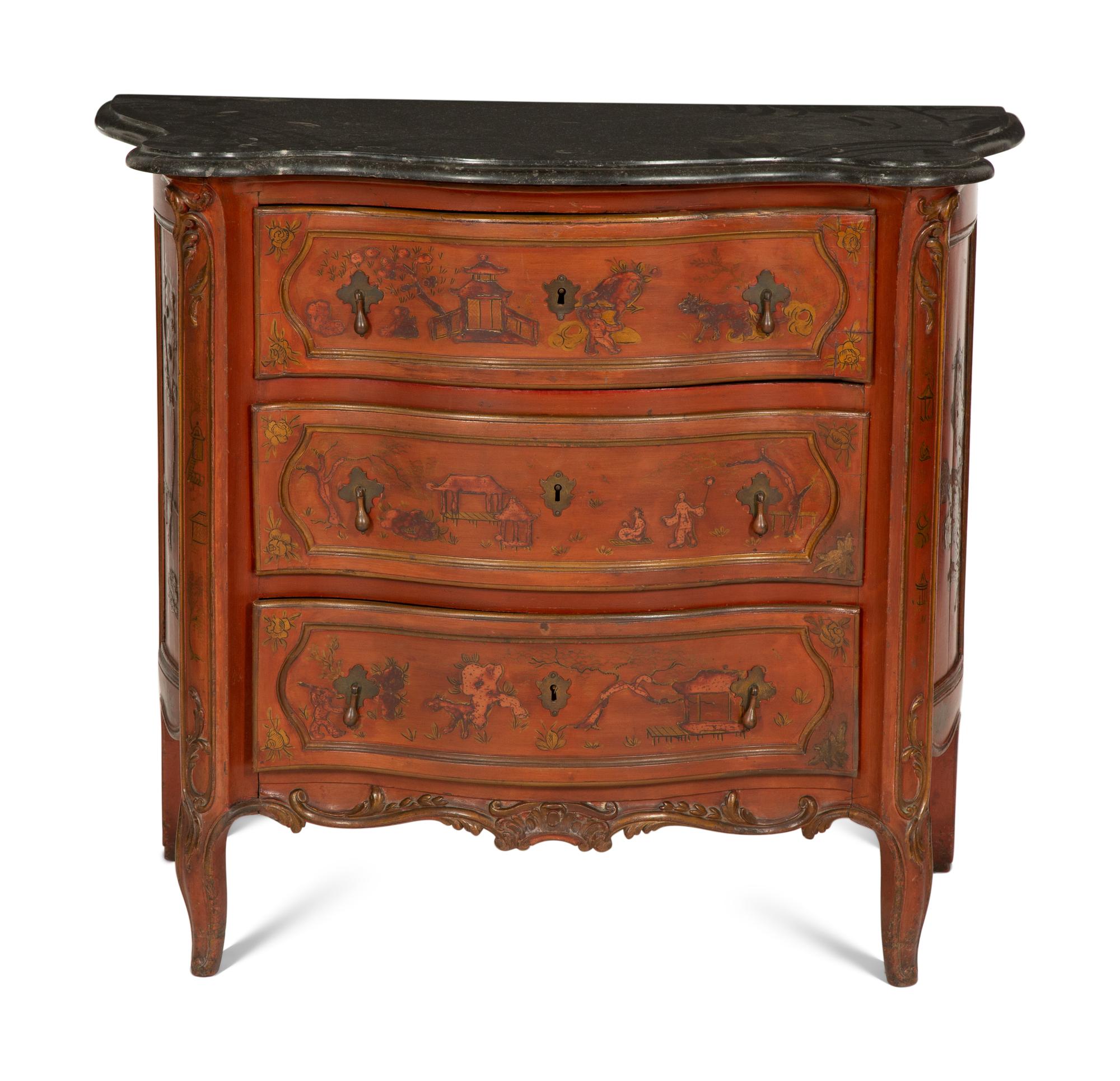 A Louis XV Style Red Japanned Marble-Top Serpentine Commode