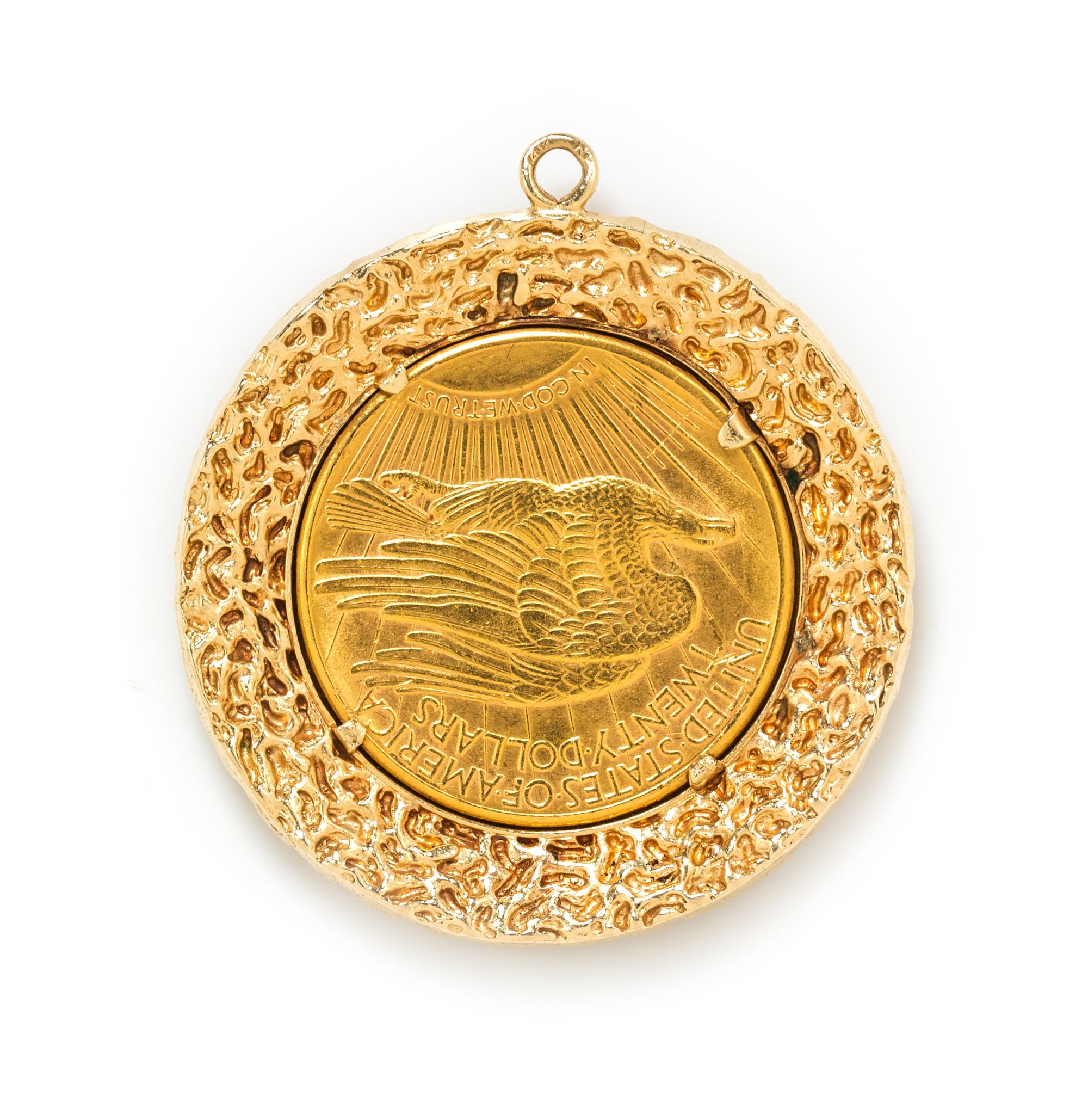A 14 Karat Yellow Gold and US $20 St. Gauden's Gold Coin Pendant, 38.20 dwts.
