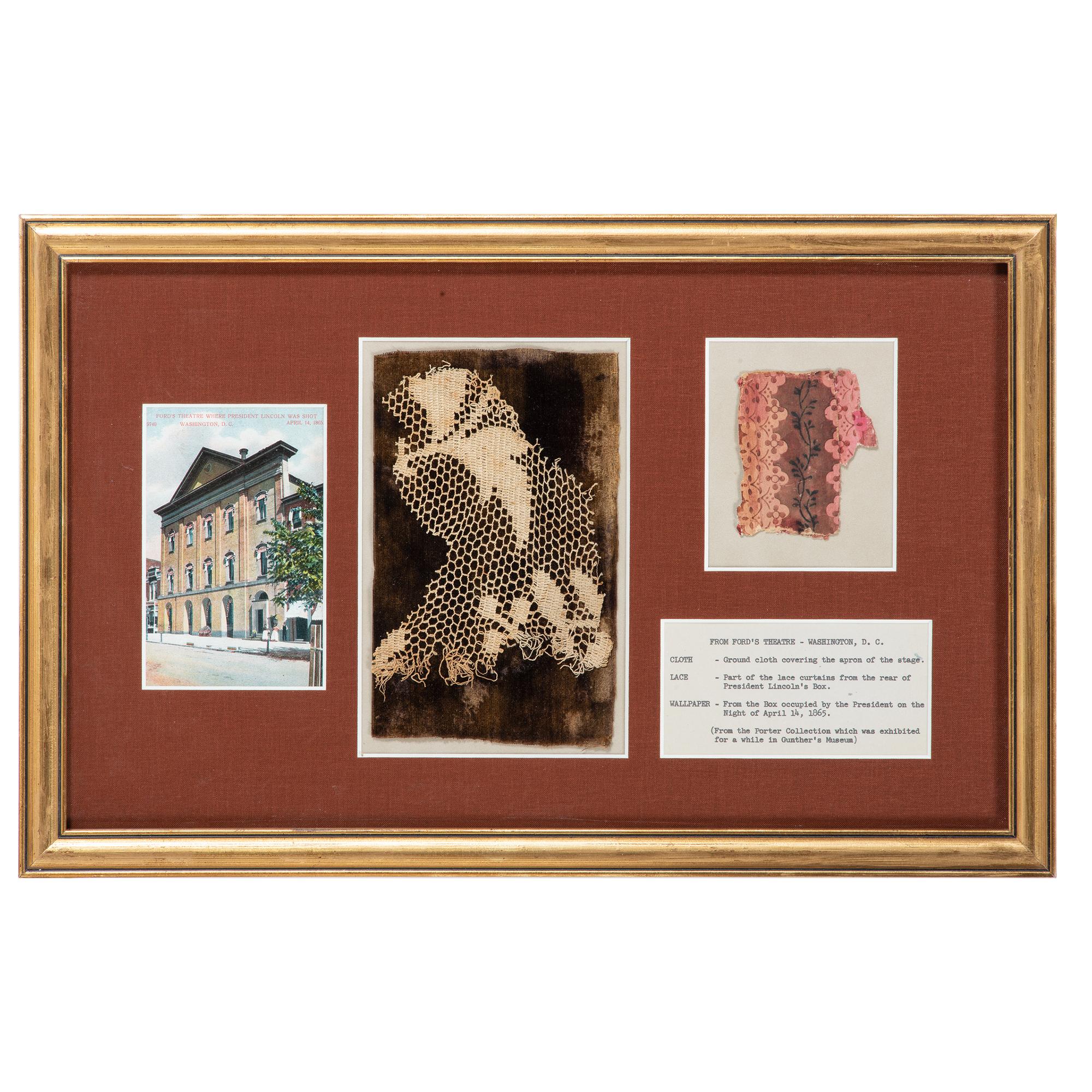Ford's Theatre Relics, Incl. Wallpaper, Lace, and Wood from the Box Where Lincoln Sat When Assassinated