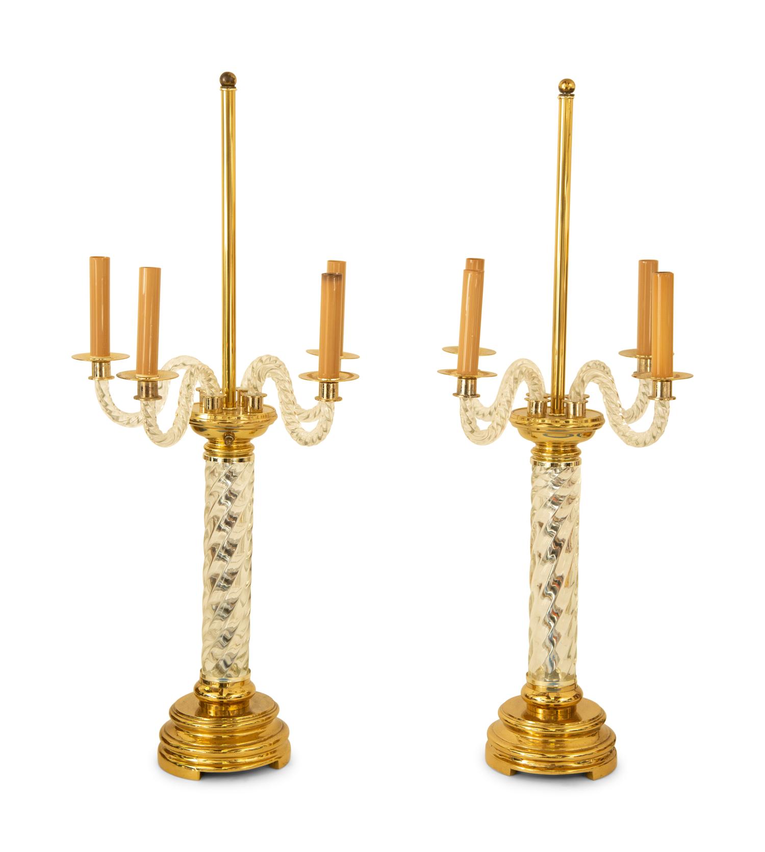 A Pair of Polished Brass and Pressed Glass Four-Light Table Lamps