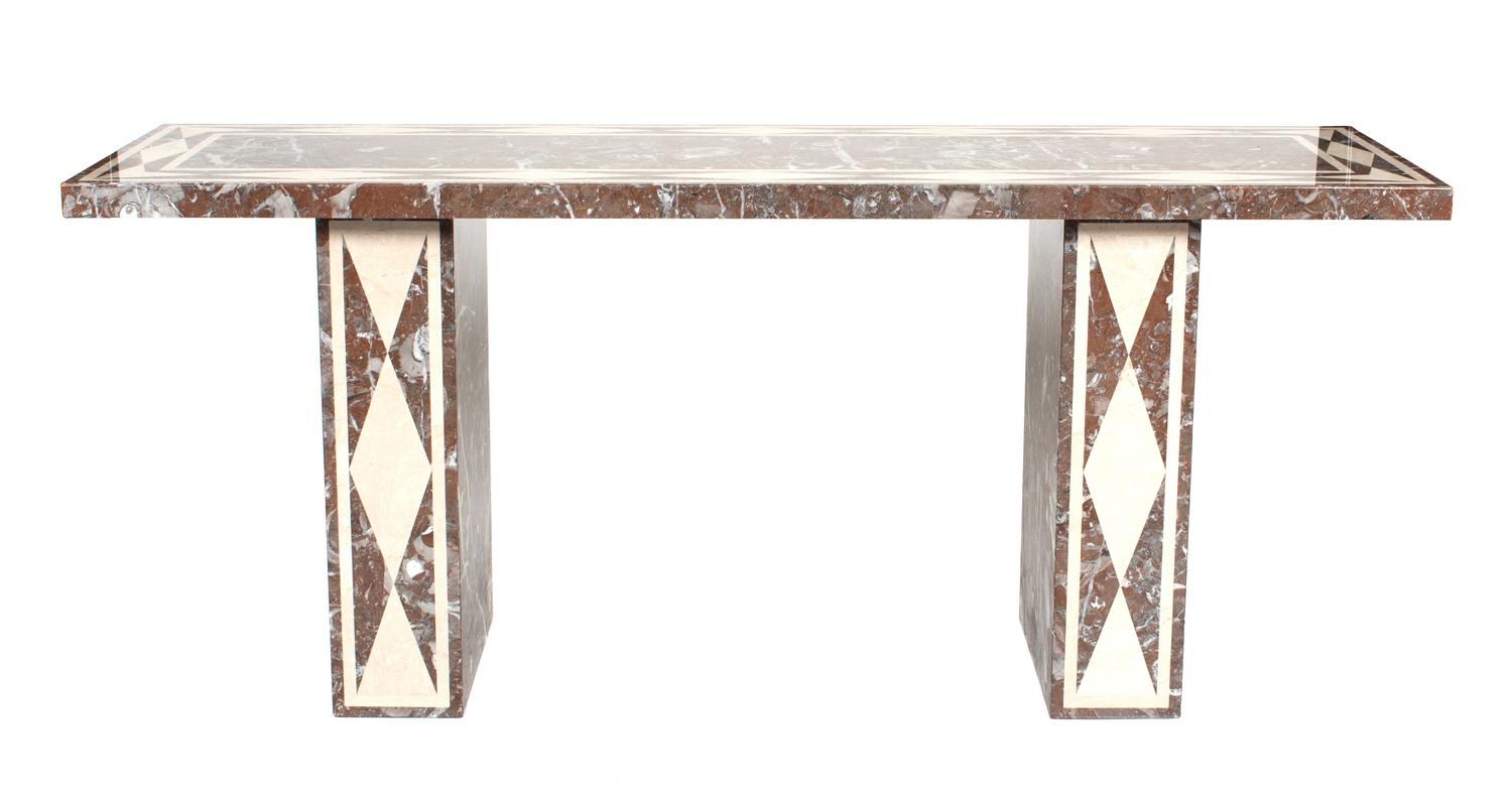 A Red Variegated and Ivory Marble Inlay Console Table Height 34 x width 80 1/8 x depth 24 1/4 inches. — 20TH CENTURY