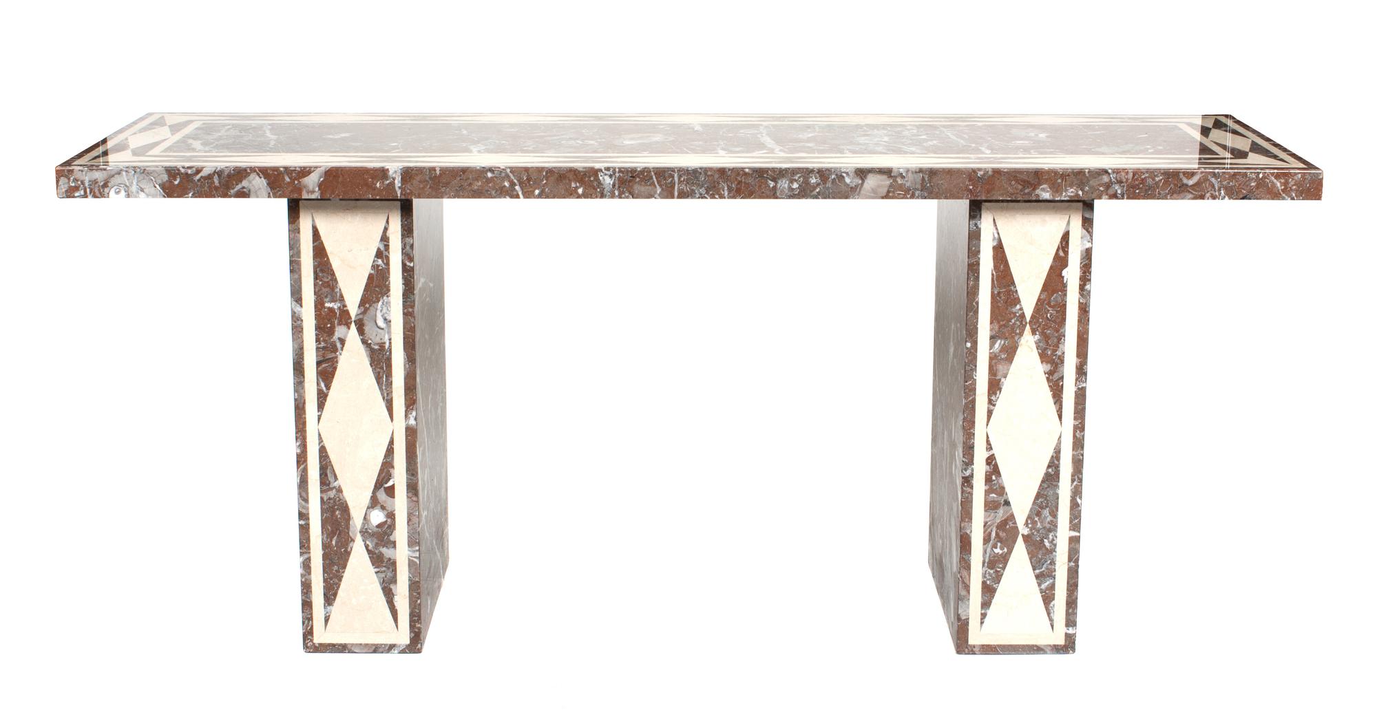 A Red Variegated and Ivory Marble Inlay Console Table Height 34 x width 80 1/8 x depth 24 1/4 inches. — 20TH CENTURY