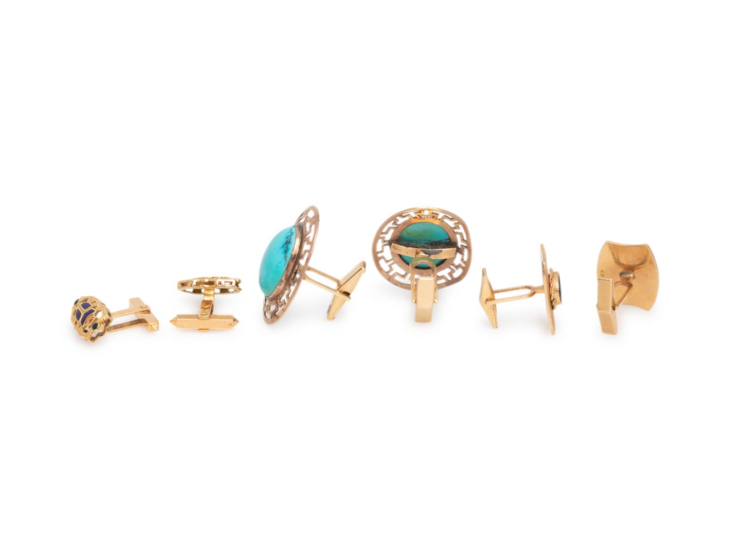 COLLECTION OF YELLOW GOLD AND GEMSTONE CUFFLINKS