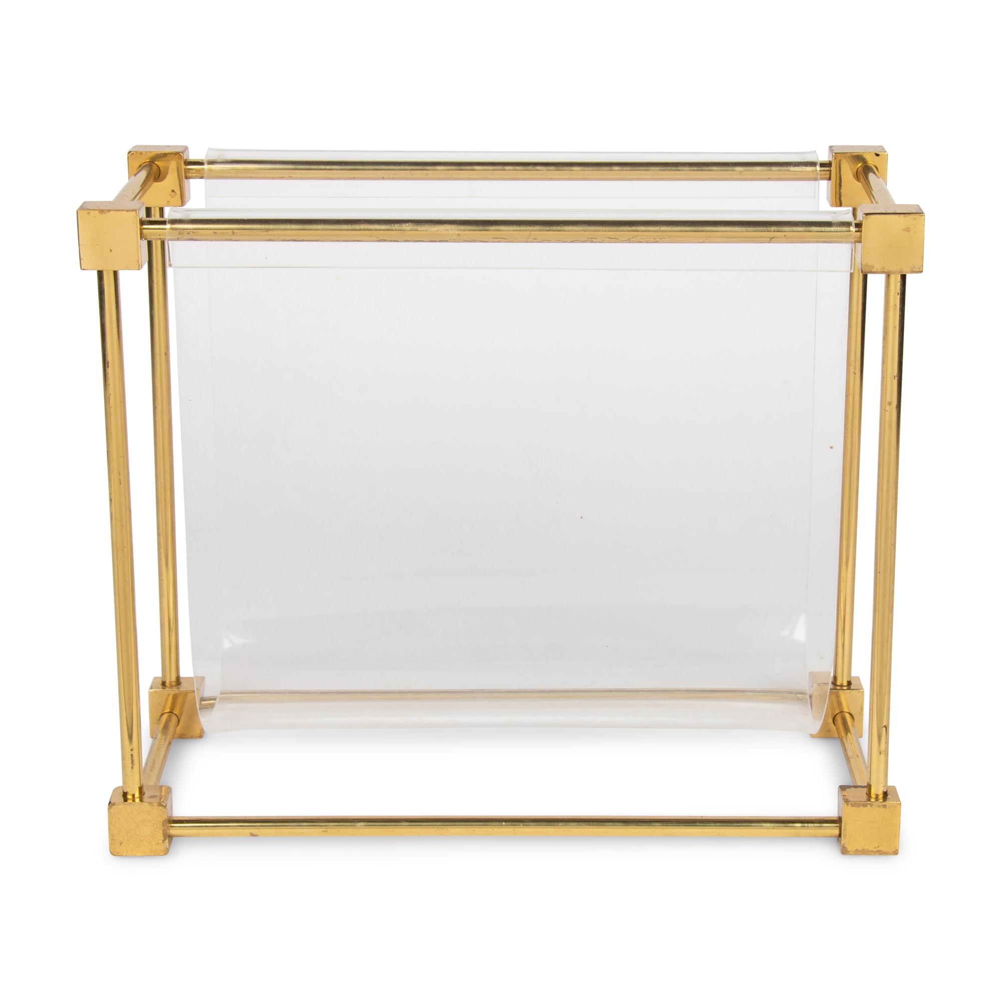 A Contemporary Brass and Acrylic Magazine Rack