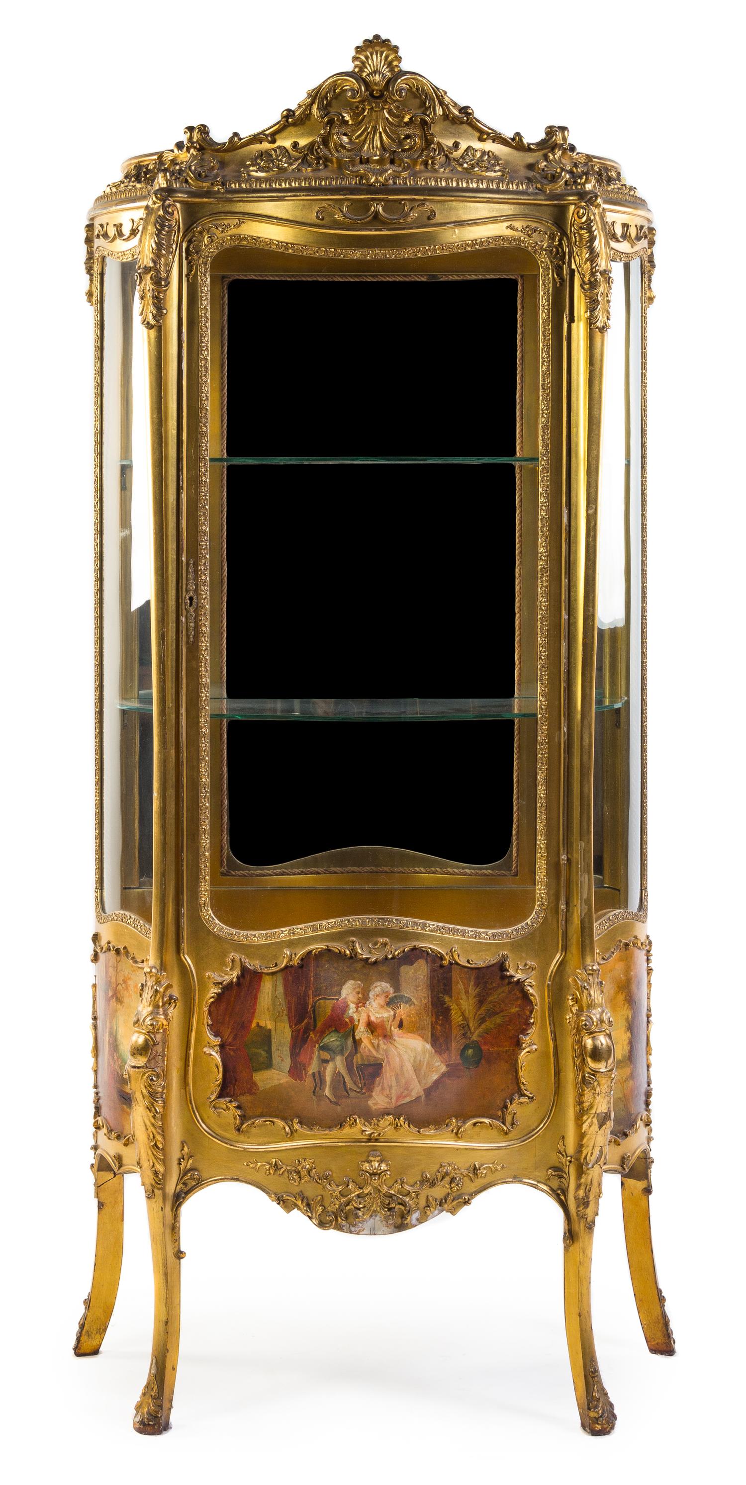 A Louis XV Style Vernis Martin Decorated Giltwood Vitrine Height 70 1/4 x width 31 1/2 x depth 15 1/2 inches. — 19TH CENTURY