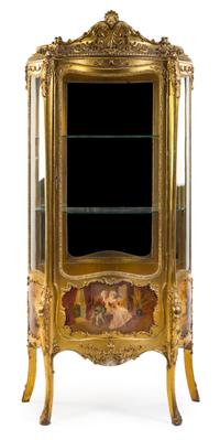 A Louis XV Style Vernis Martin Decorated Giltwood Vitrine Height 70 1/4 x width 31 1/2 x depth 15 1/2 inches. — 19TH CENTURY