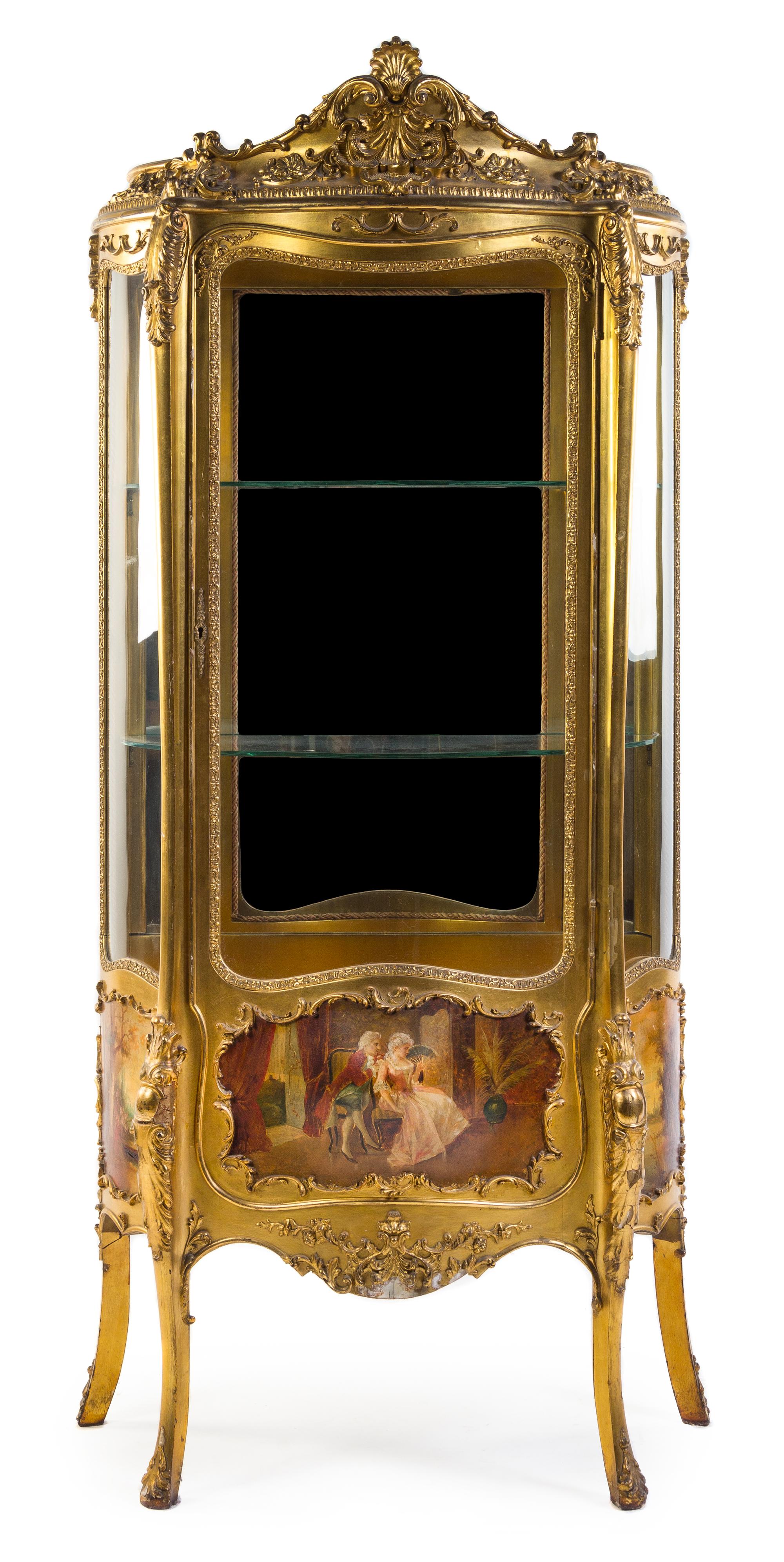 A Louis XV Style Vernis Martin Decorated Giltwood Vitrine Height 70 1/4 x width 31 1/2 x depth 15 1/2 inches. — 19TH CENTURY