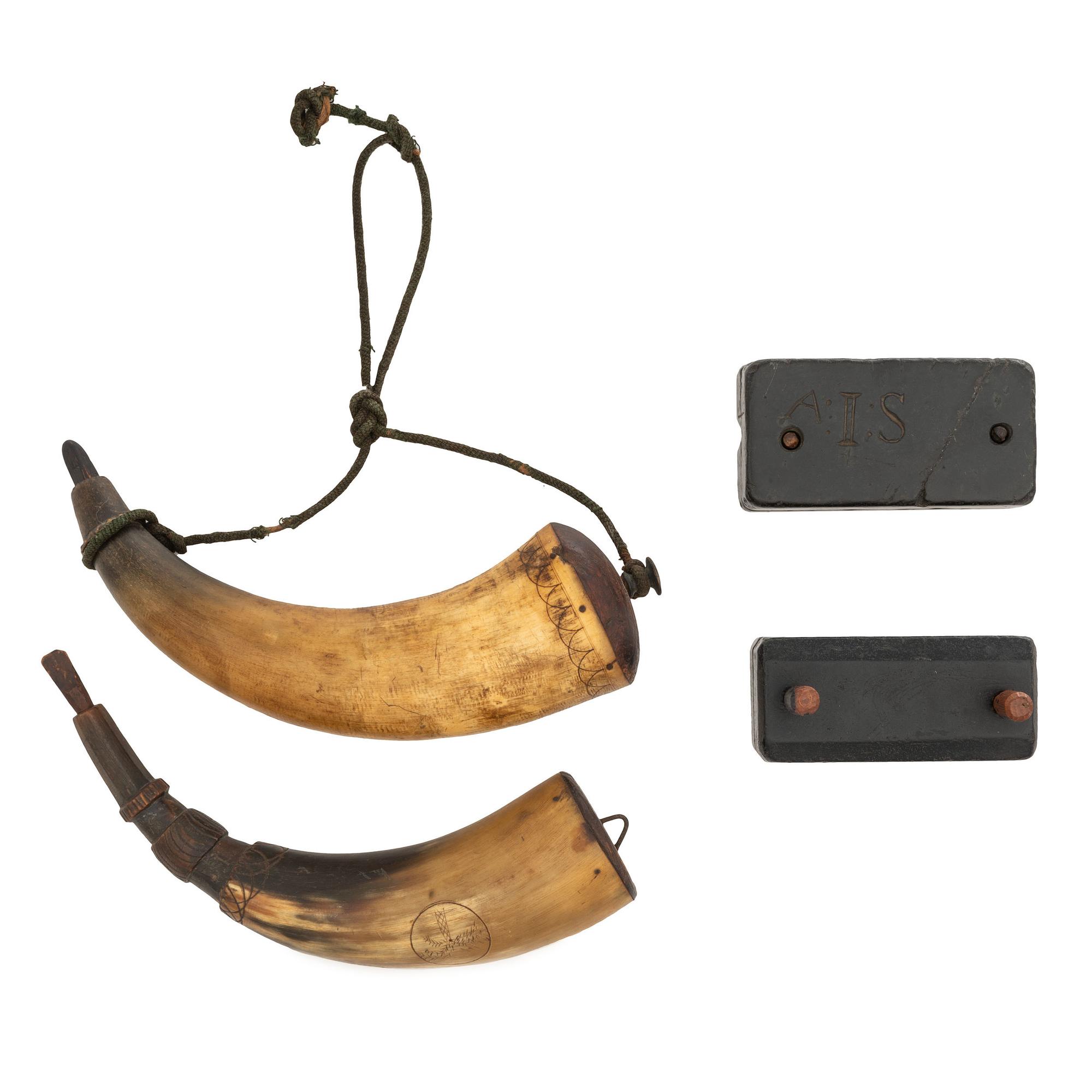 Two Folk Art Carved Priming Horns and Two Stone Bullet Molds