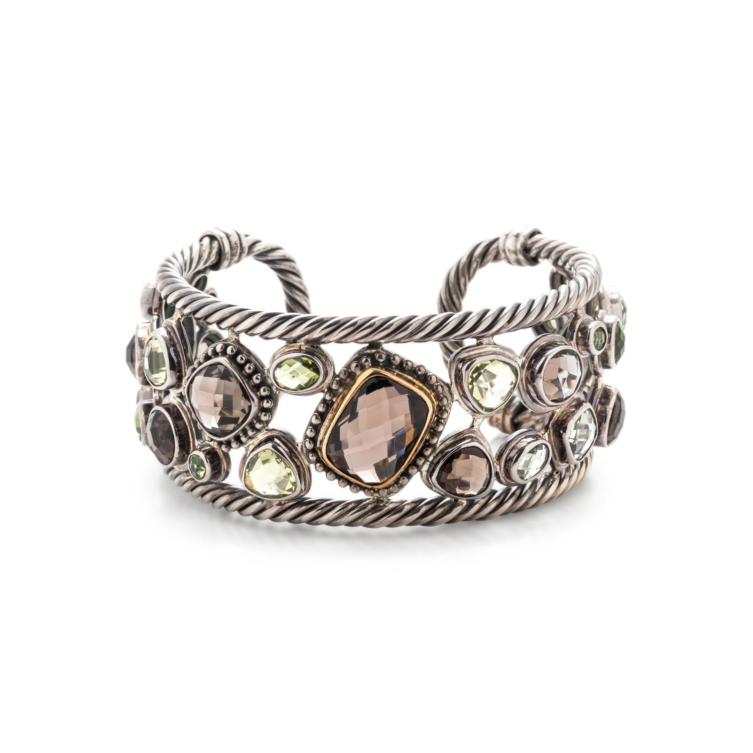 STERLING SILVER, YELLOW GOLD AND GEMSTONE CUFF BRACELET