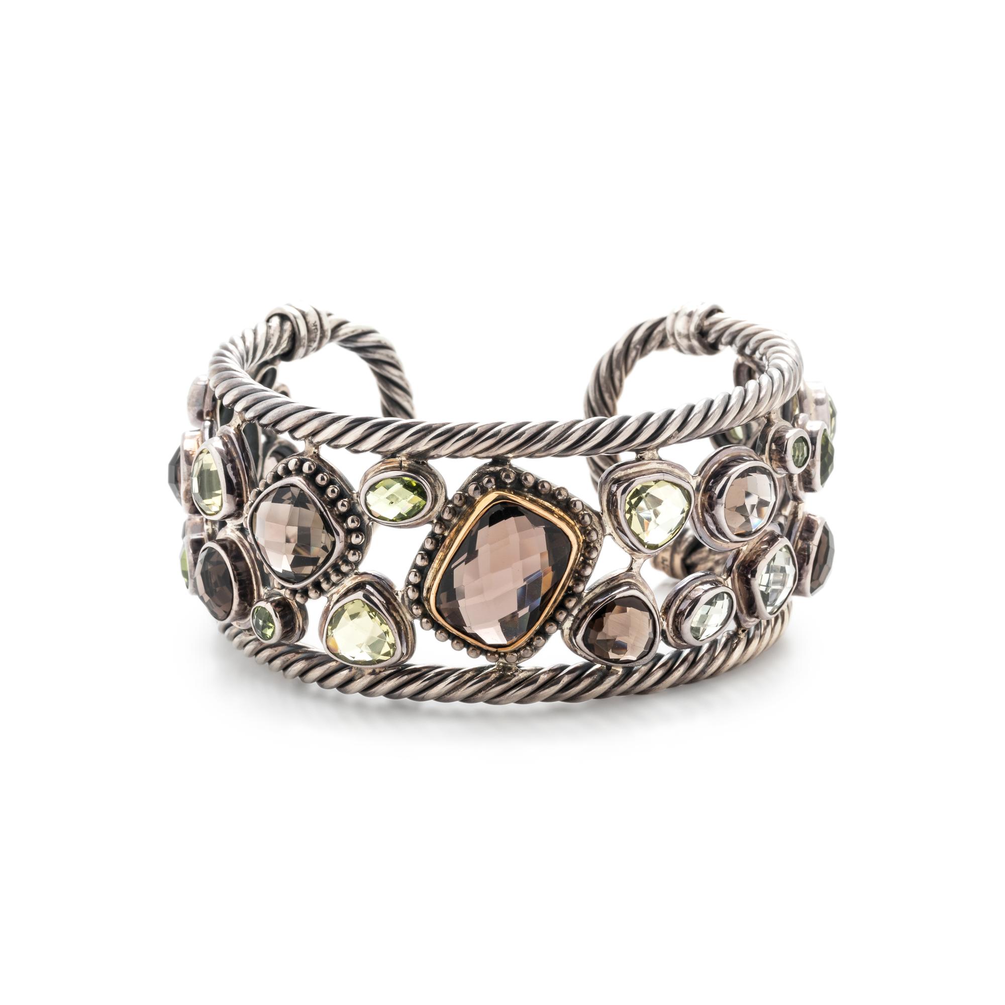 STERLING SILVER, YELLOW GOLD AND GEMSTONE CUFF BRACELET