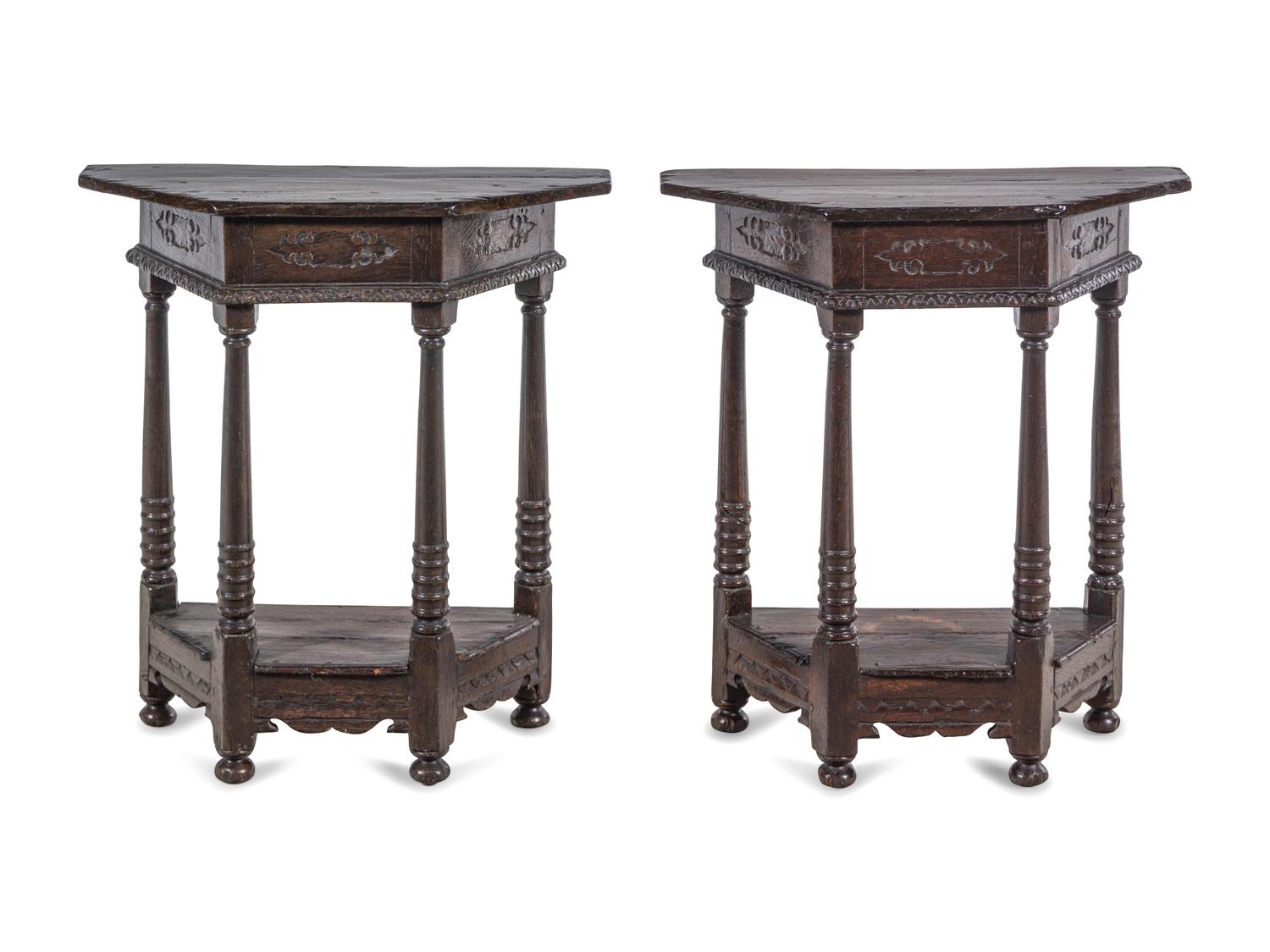A Pair of Continental Carved Oak Console Tables