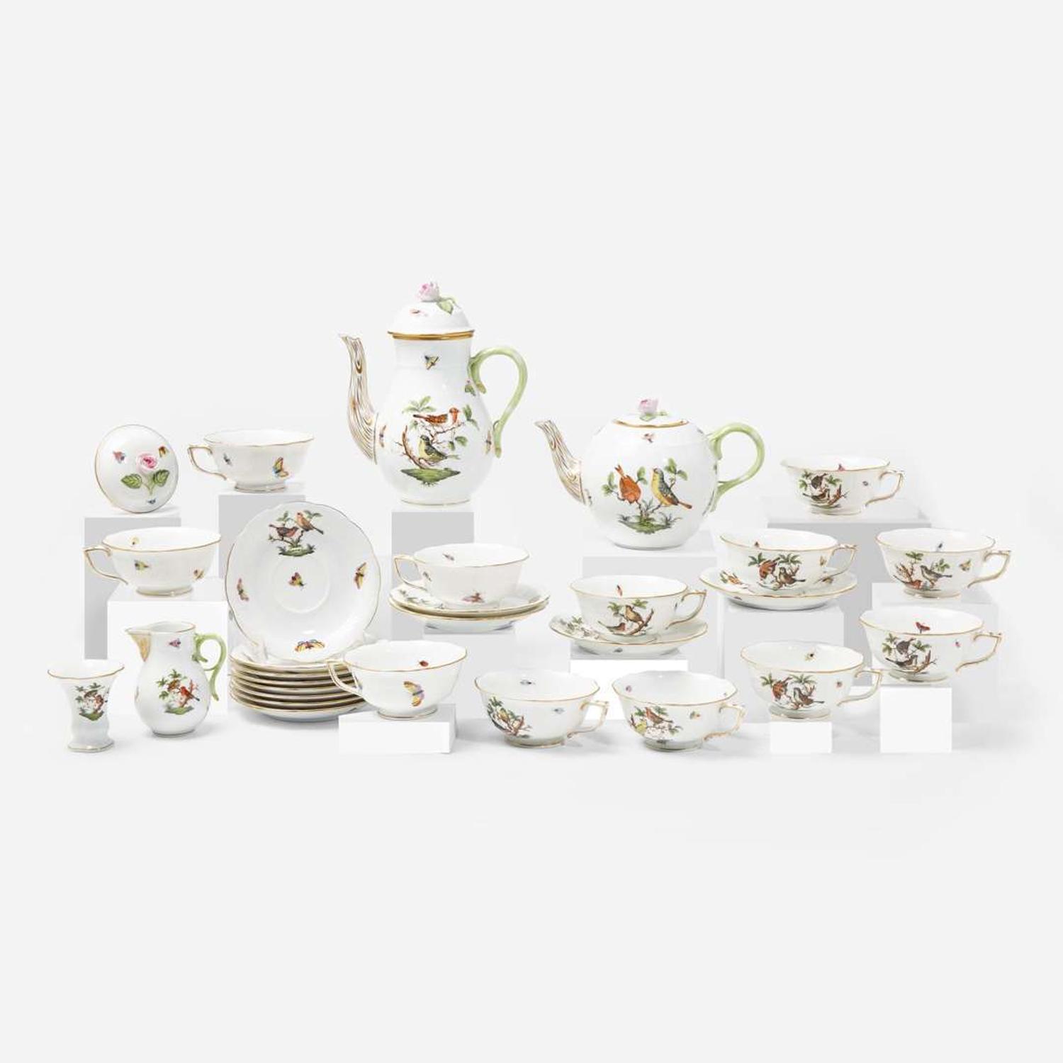 A Herend porcelain part dinner, tea, and coffee service in the "Rothschild Birds" pattern Modern, blue printed factory marks