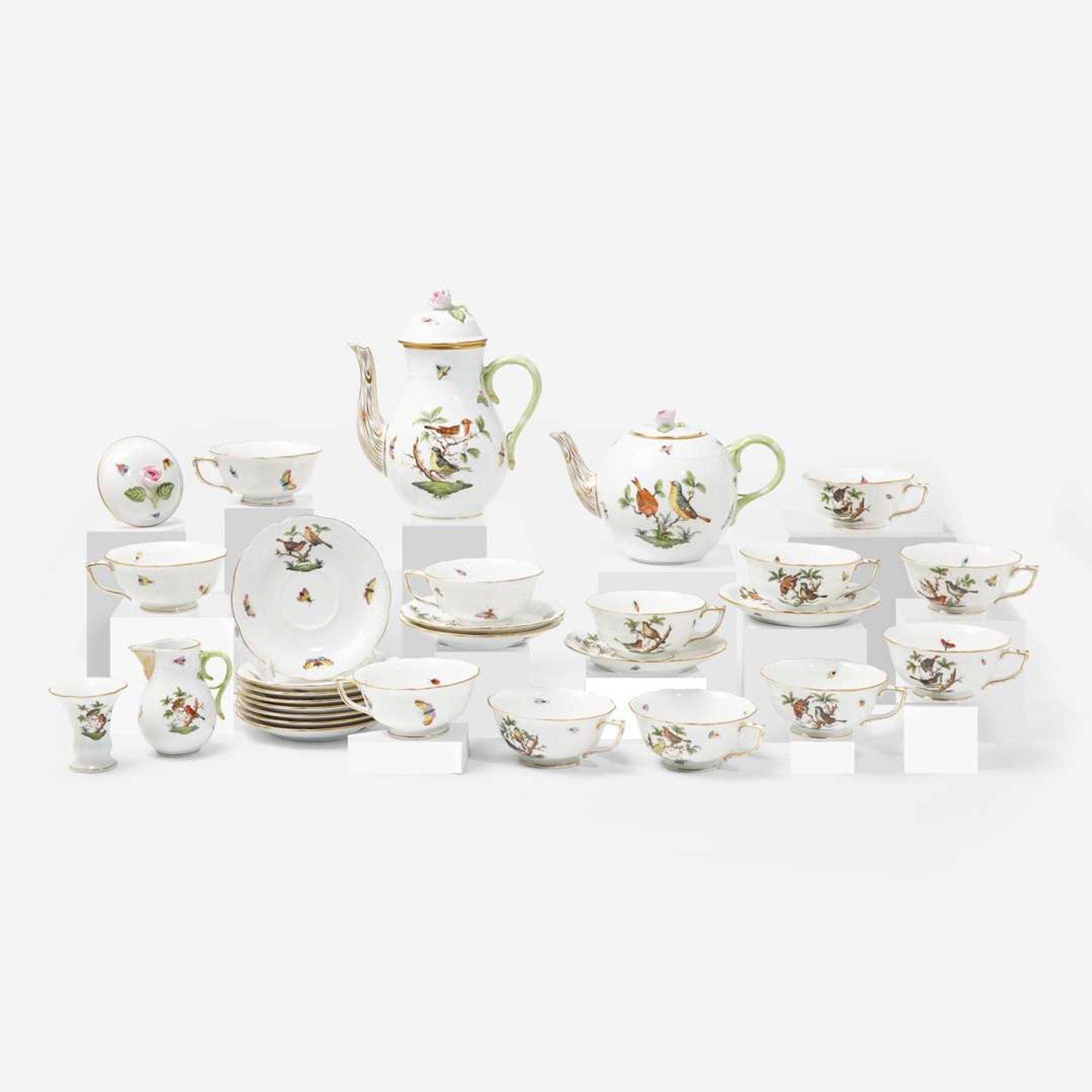 A Herend porcelain part dinner, tea, and coffee service in the "Rothschild Birds" pattern Modern, blue printed factory marks