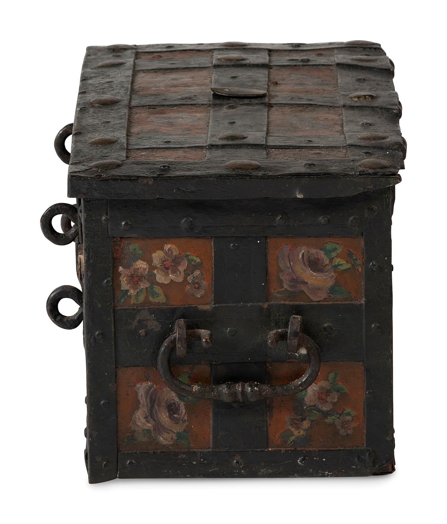 A Continental Paint-Decorated and Iron Mounted Strong Box