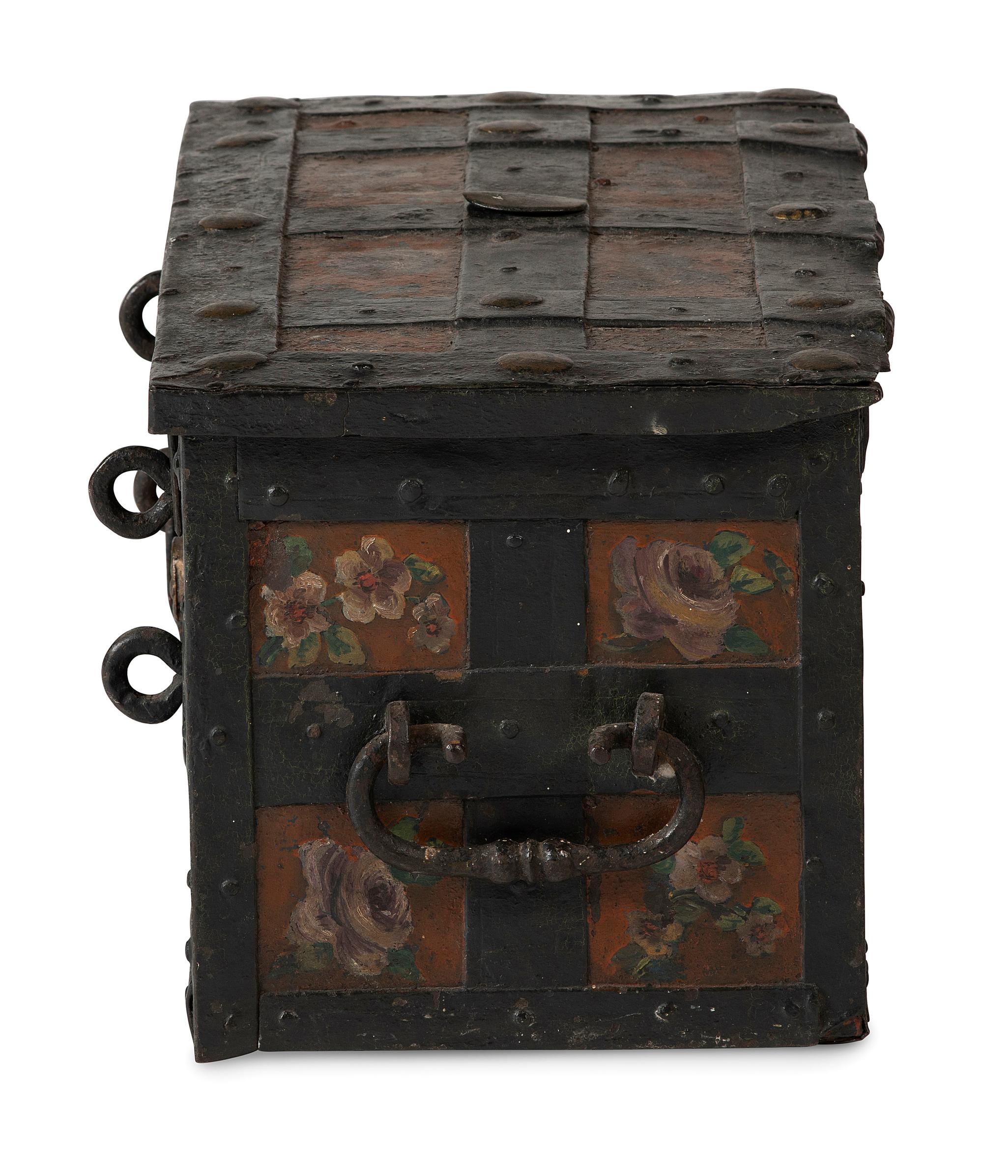 A Continental Paint-Decorated and Iron Mounted Strong Box