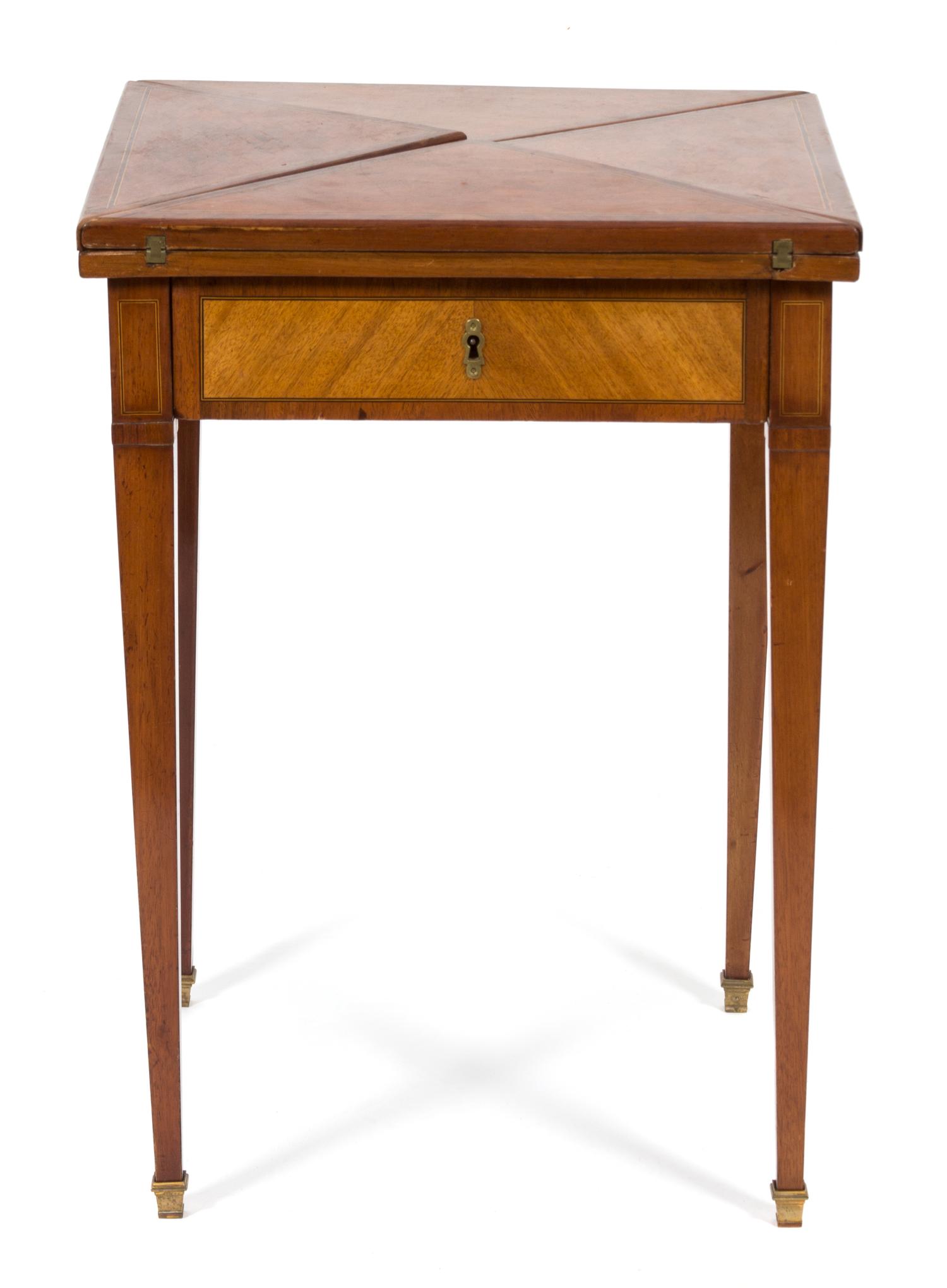 A French Crossbanded Tulipwood Parquetry Handkerchief Table Height 30 x diameter closed 22 inches. — 19TH CENTURY