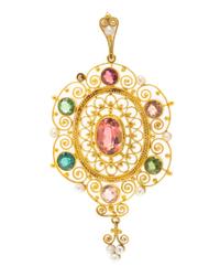 An 18 Karat Yellow Gold, Multigem and Seed Pearl Pendant, 4.30 dwts.