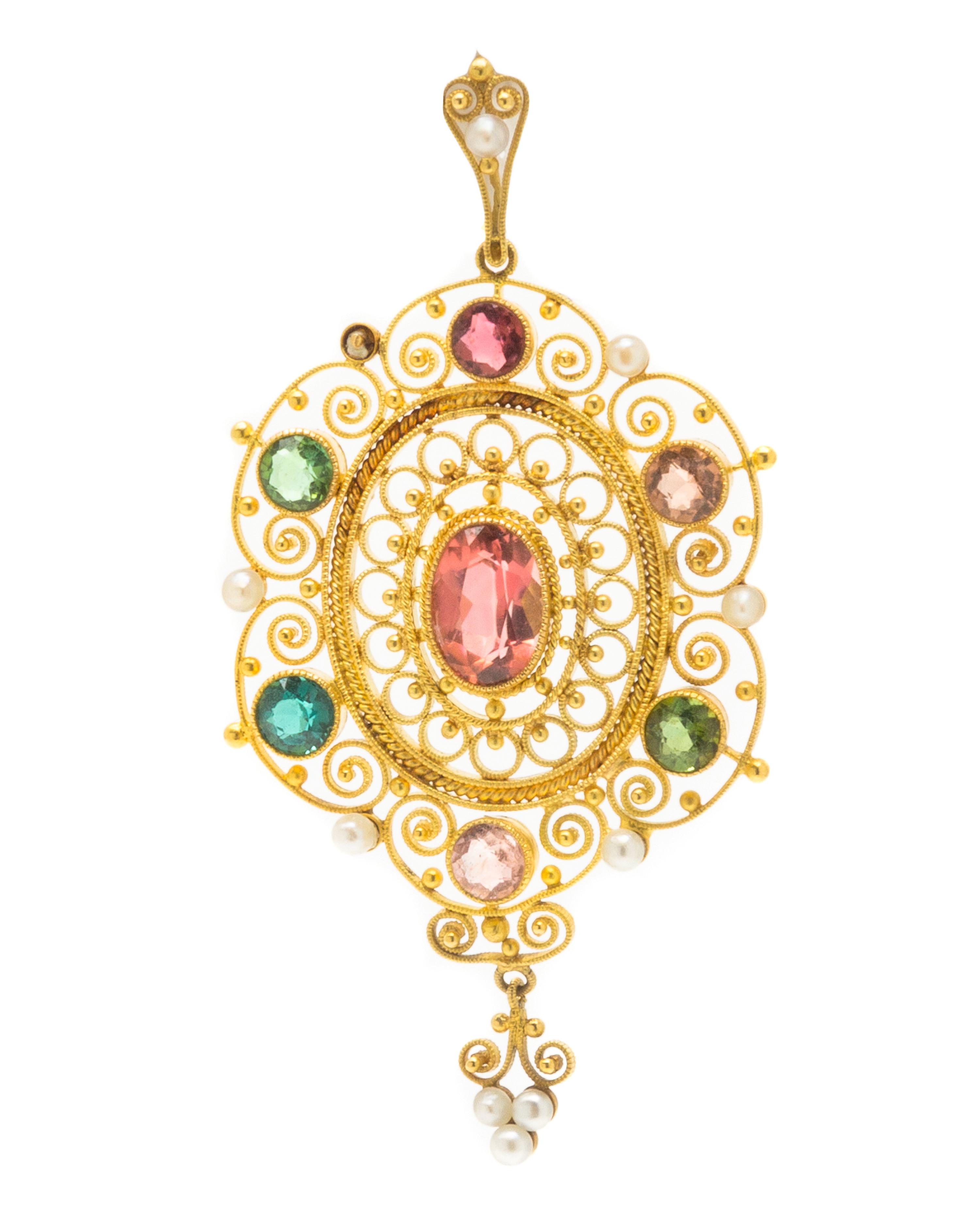 An 18 Karat Yellow Gold, Multigem and Seed Pearl Pendant, 4.30 dwts.