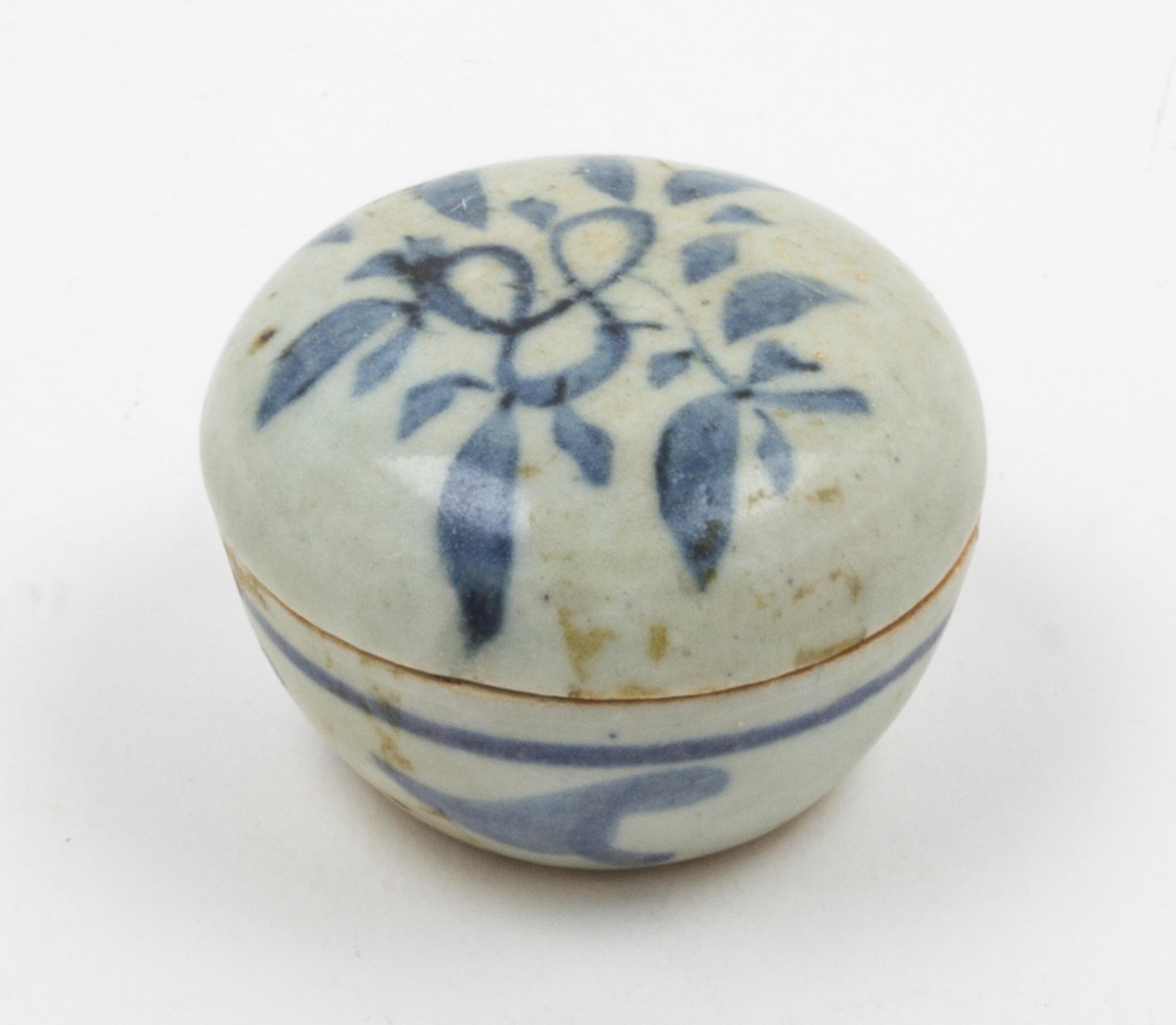 A Small Blue and White Circular Covered Box Diameter 2 1/2 inches.