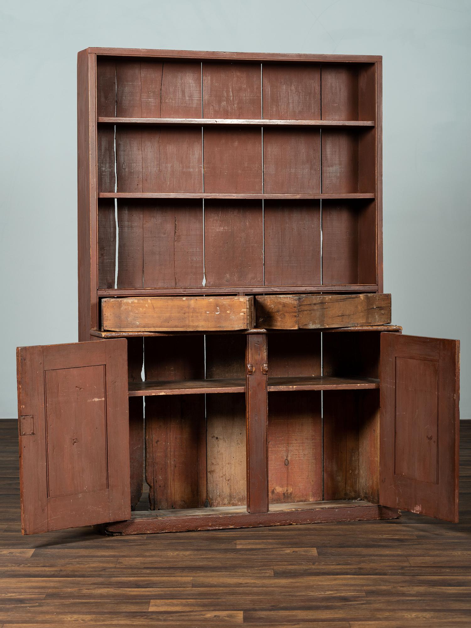 A Country Red Painted Pine Step-Back Pewter Cupboard