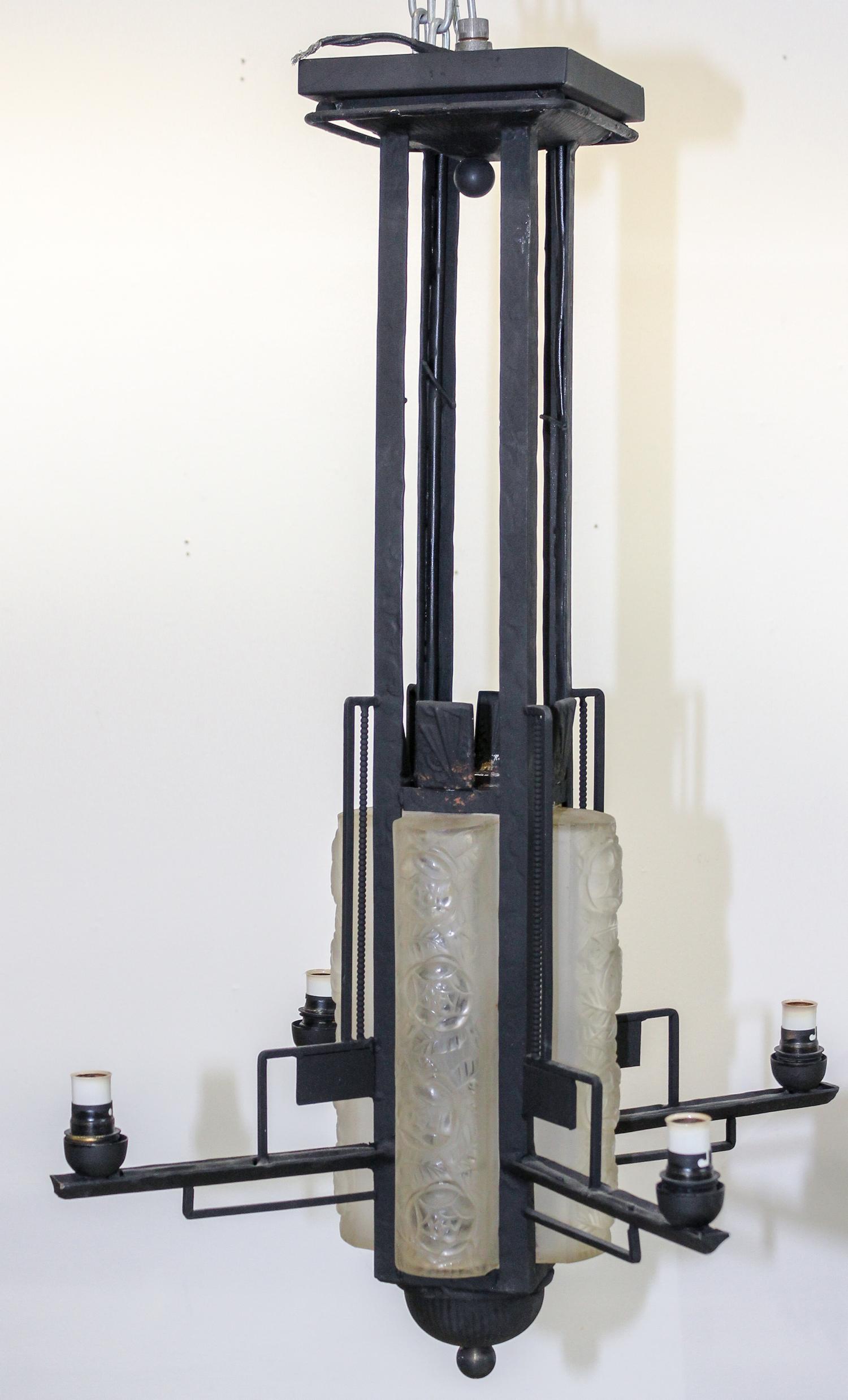 An Art Deco Style Iron and Glass Ceiling Fixture Height 31 1/2 inches.