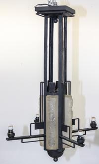 An Art Deco Style Iron and Glass Ceiling Fixture Height 31 1/2 inches.
