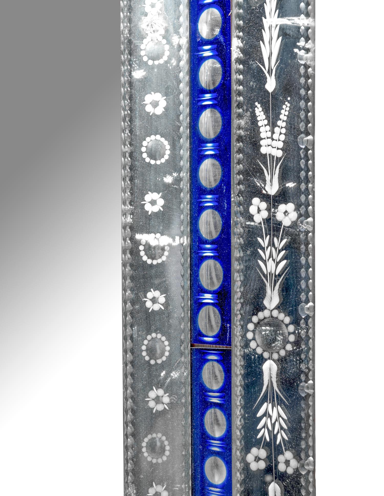 A Venetian Etched and Cobalt Glass Mirror