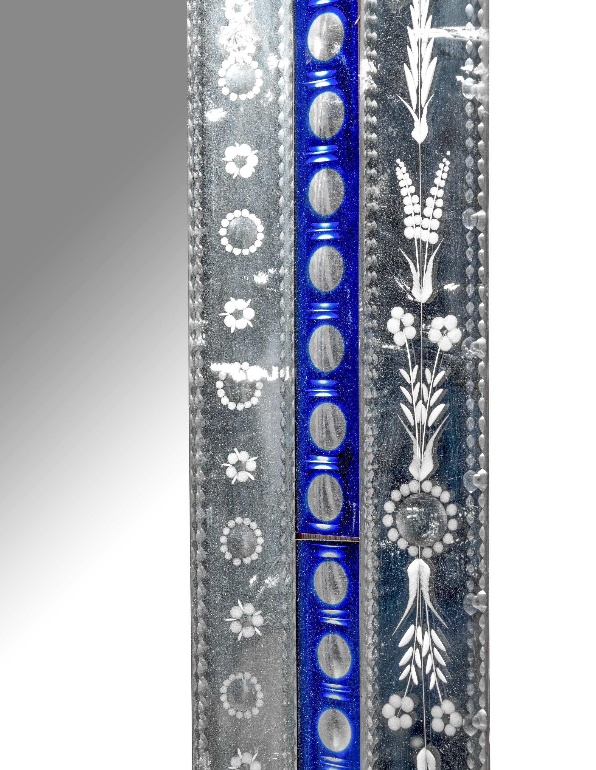 A Venetian Etched and Cobalt Glass Mirror