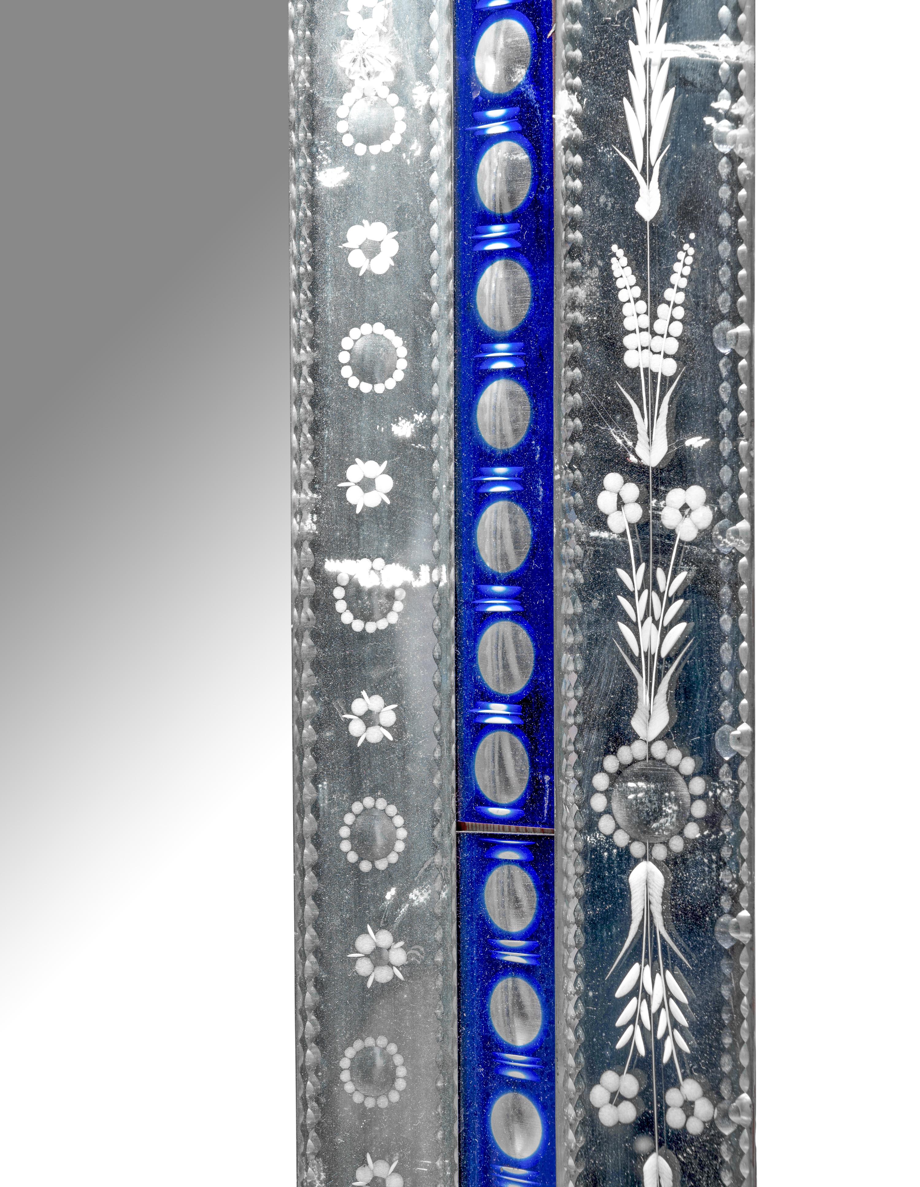A Venetian Etched and Cobalt Glass Mirror