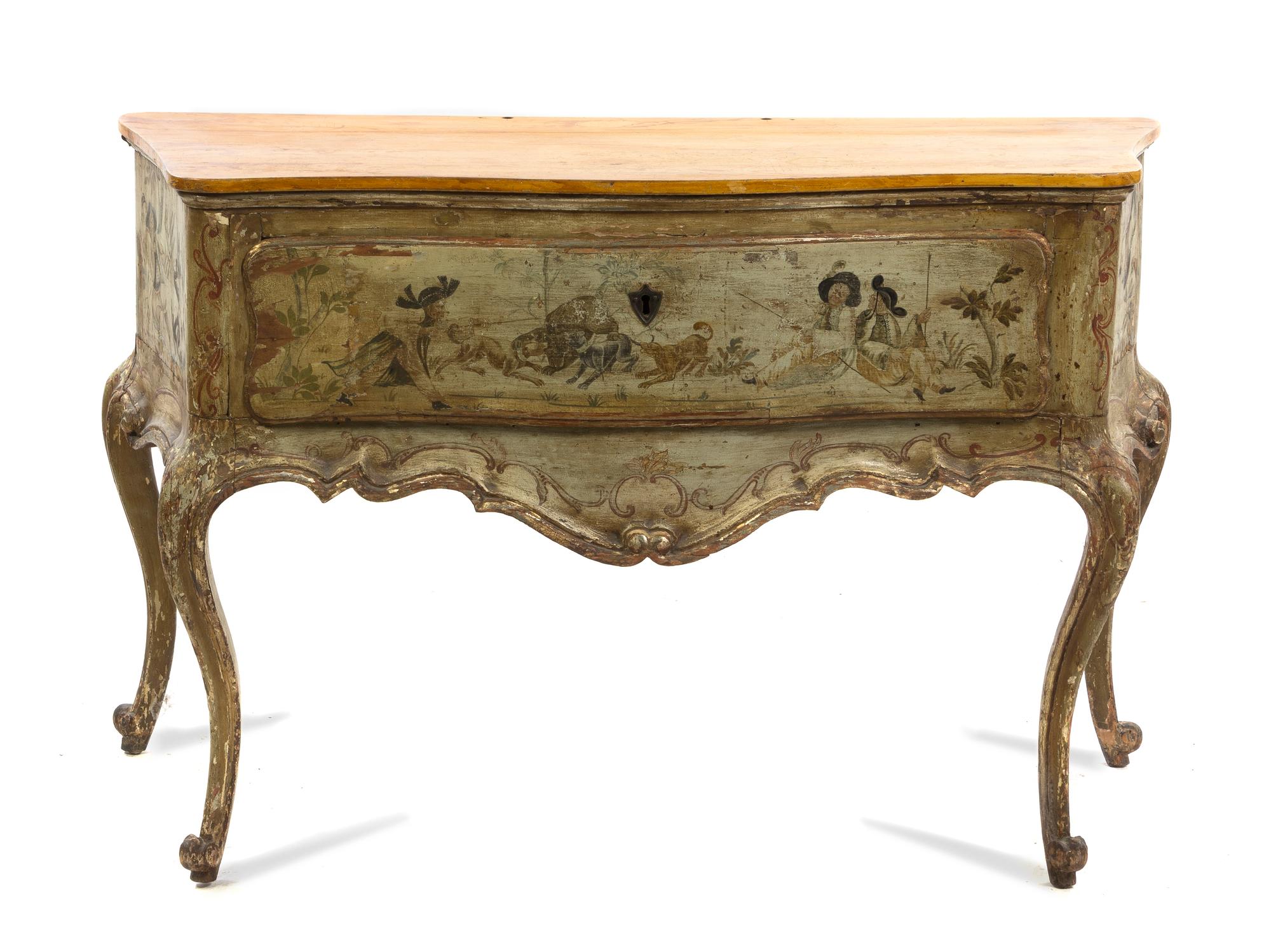 An Italian Painted Console Commode, Height 31 x width 48 x depth 18 1/2 inches.