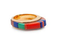 14k Gold Ring with Turquoise, Coral, and Lapis Inlay
