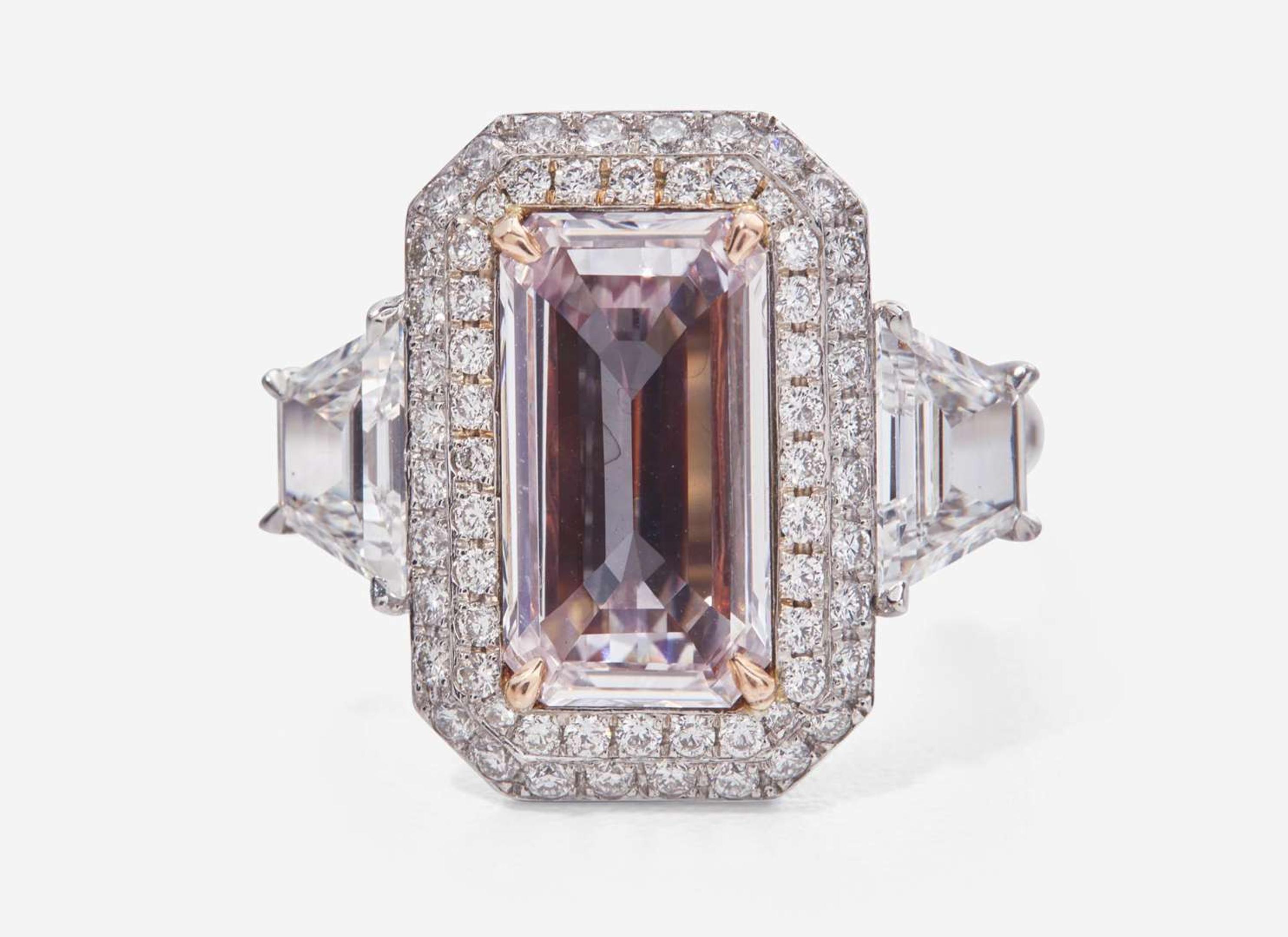 A Platinum, Rose Gold, Pink Diamond, and Diamond Ring