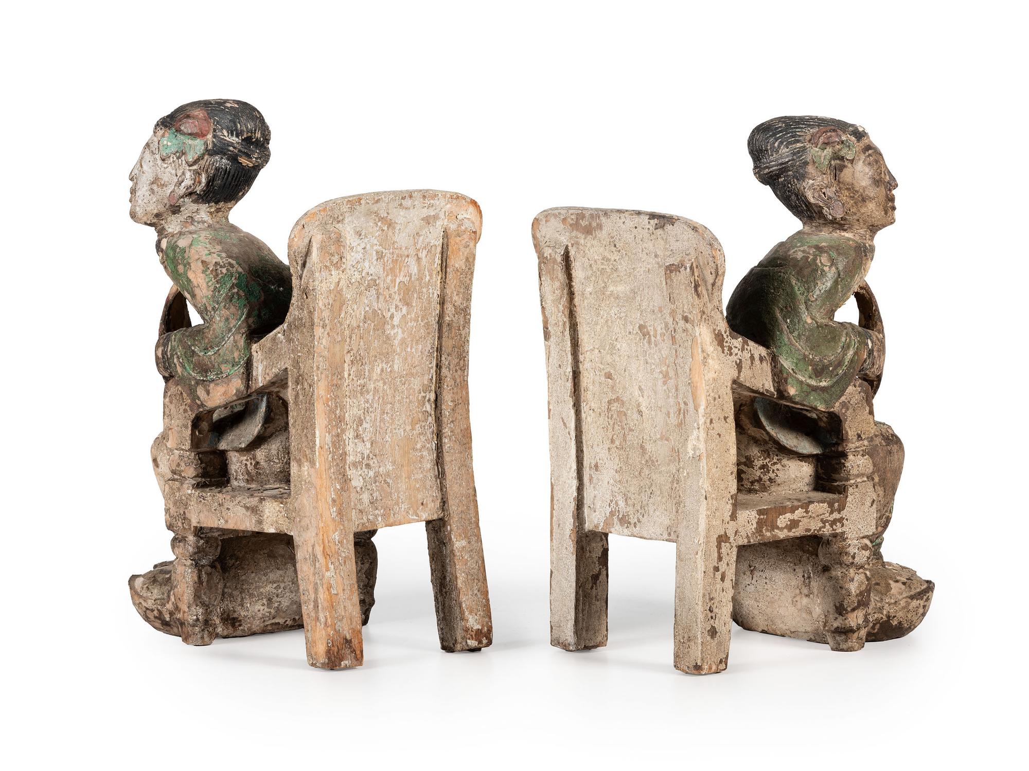 A Pair of Chinese Carved and Polychrome Painted Wood Figures