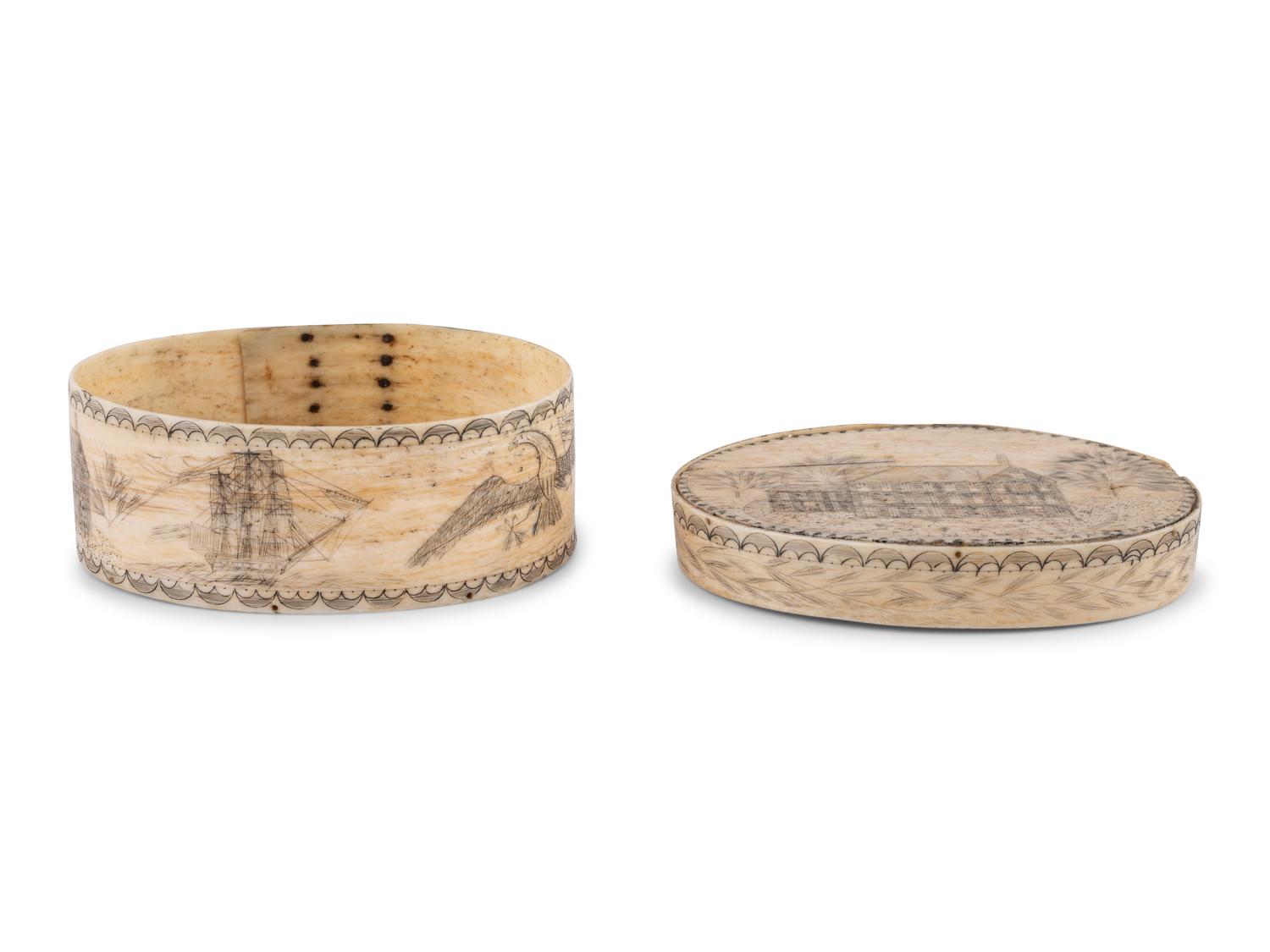 An Unusual Scrimshaw Panbone Oval Ditty Box With Engraved Surfaces and Panbone Bottom