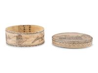 An Unusual Scrimshaw Panbone Oval Ditty Box With Engraved Surfaces and Panbone Bottom