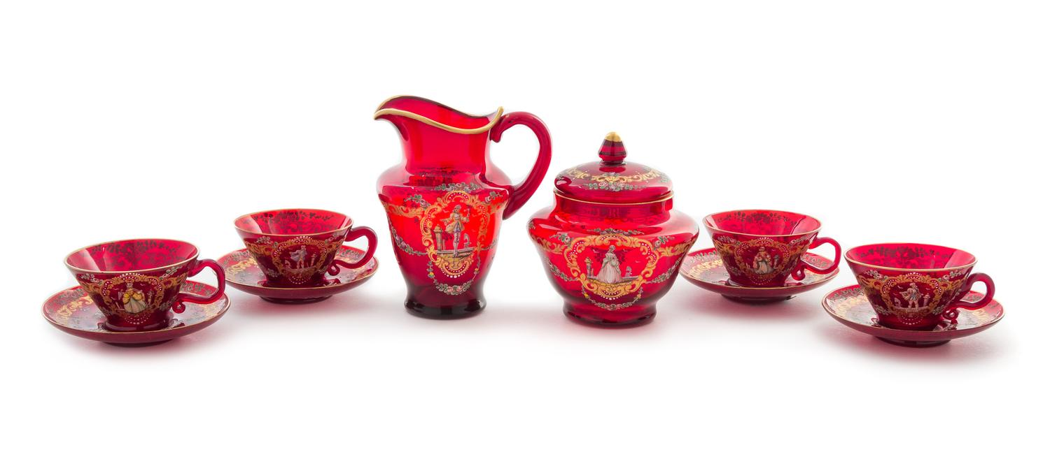 A Group of Moser Enameled Glass Articles Diameter of saucers 4 1/2 inches.