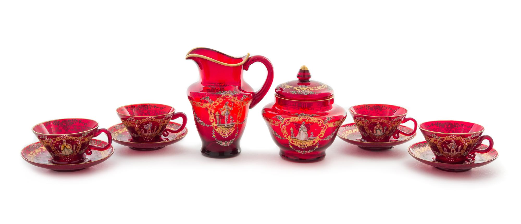 A Group of Moser Enameled Glass Articles Diameter of saucers 4 1/2 inches.