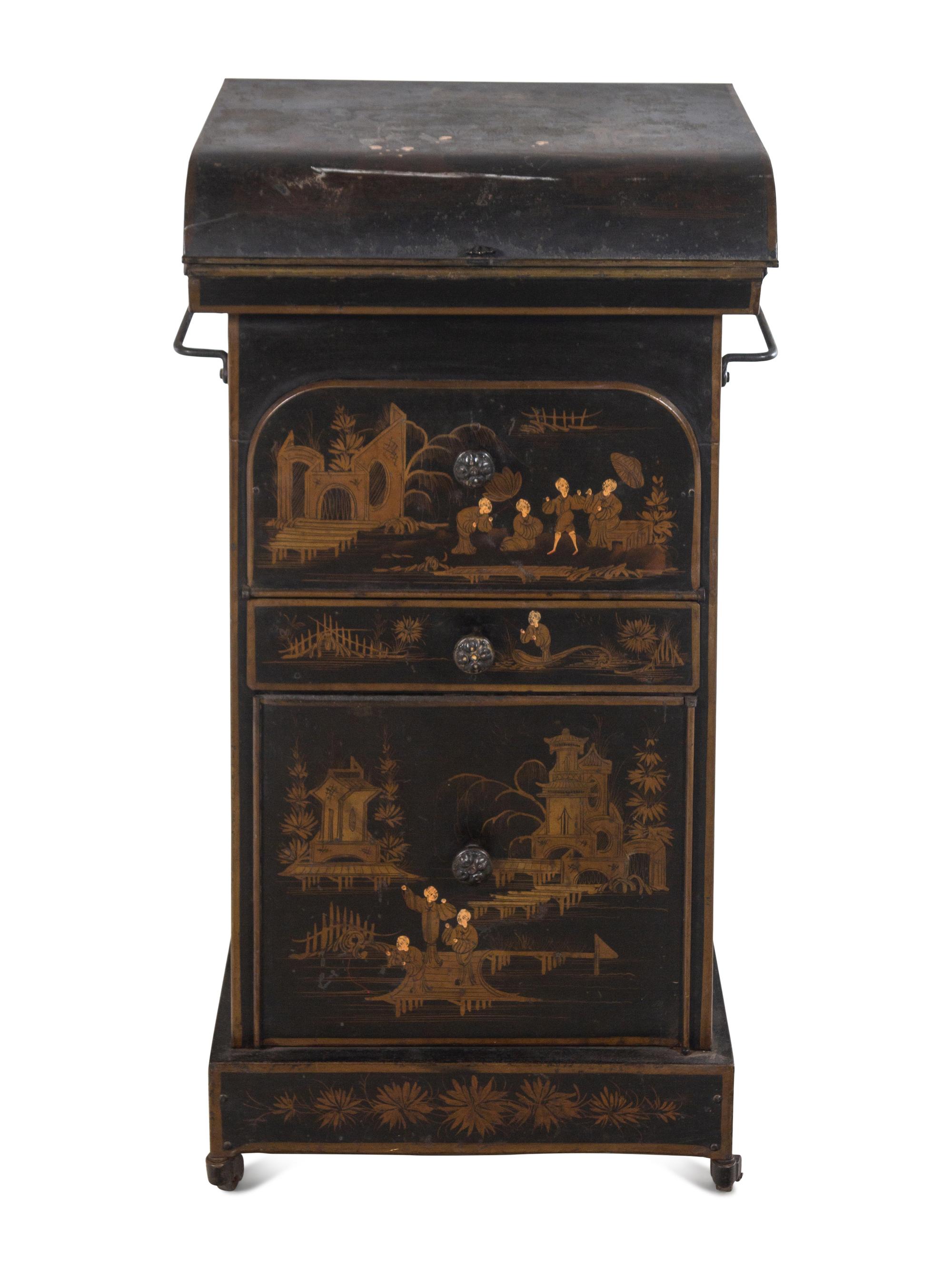 An English Chinoiserie Decorated Tôle Dressing Cabinet