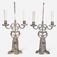 A pair of silver metal table lamps in the form of two-light candelabra Edward F. Caldwell & Co. (active 1895-1959), New York, NY, early 20th century