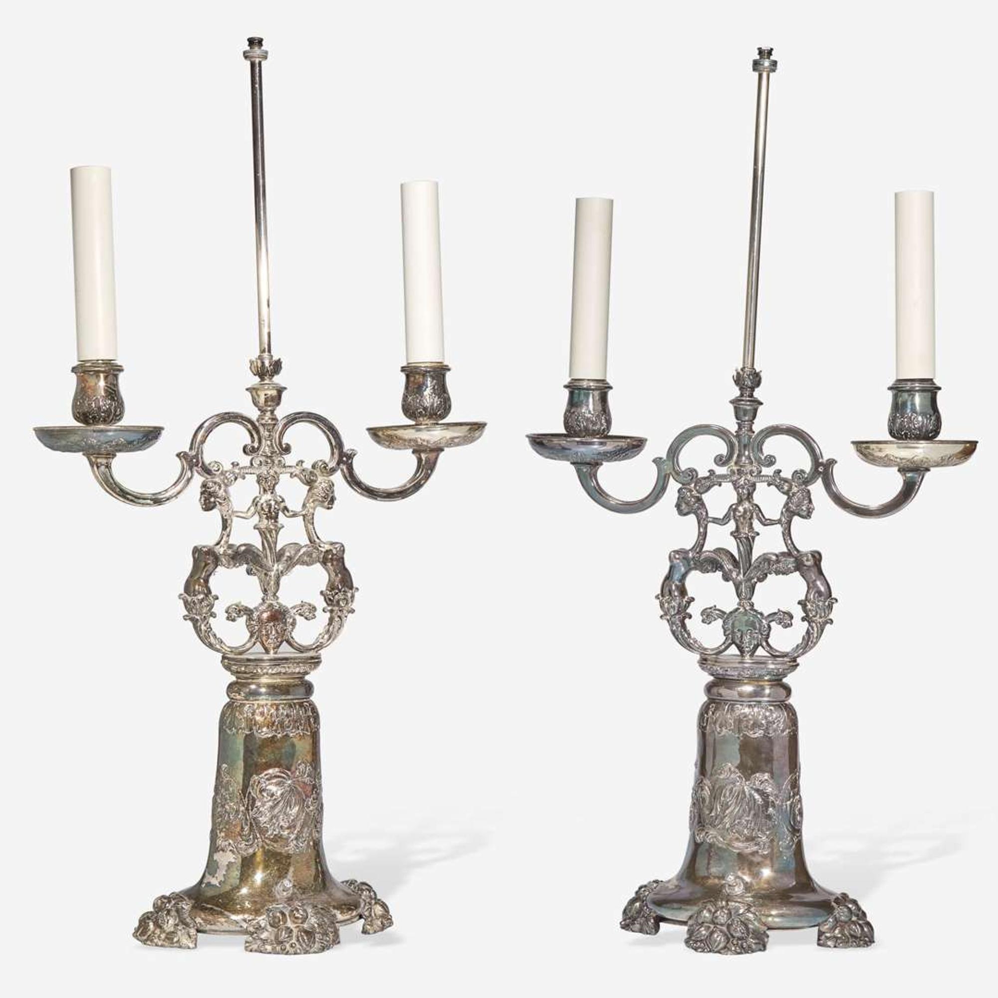 A pair of silver metal table lamps in the form of two-light candelabra Edward F. Caldwell & Co. (active 1895-1959), New York, NY, early 20th century