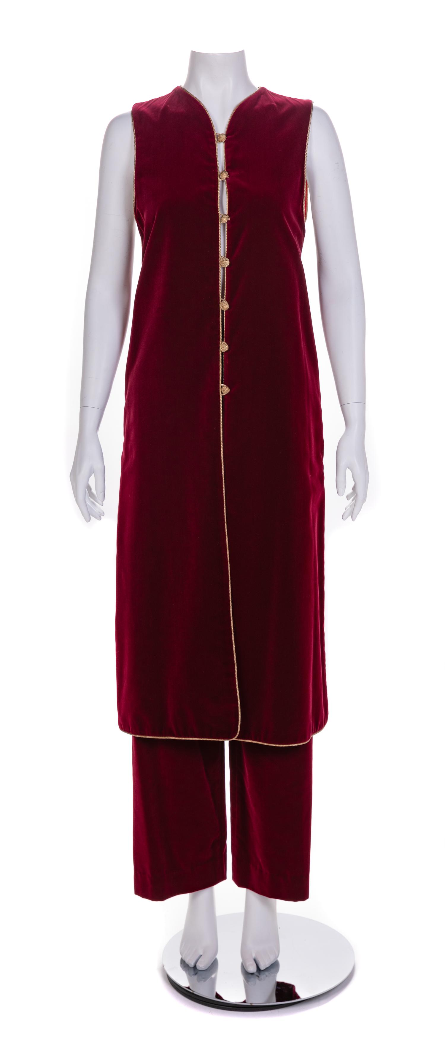 Saint Laurent Red Velvet Long Vest and Pants, 1970-80s Vest size label: 42; Pants: no size