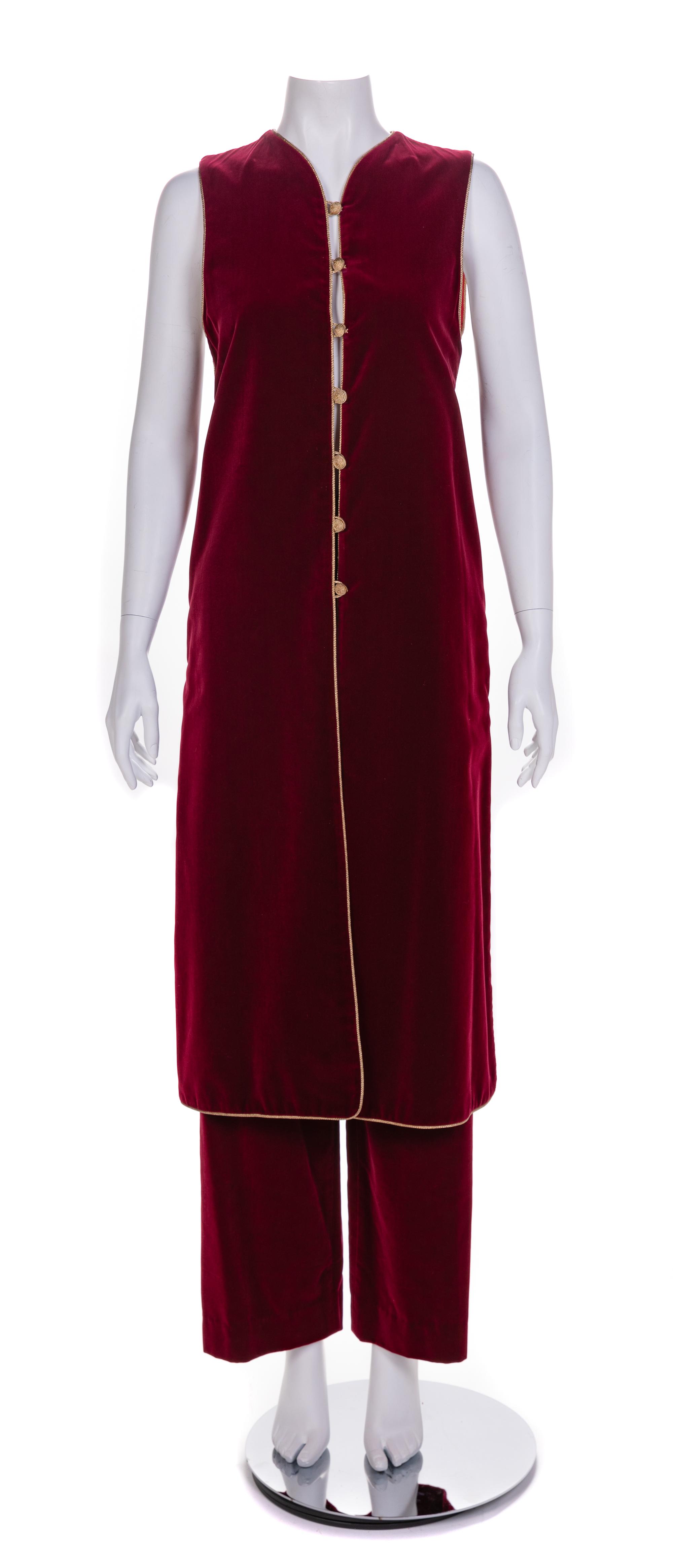 Saint Laurent Red Velvet Long Vest and Pants, 1970-80s Vest size label: 42; Pants: no size