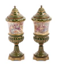 A Pair of Sèvres Style Porcelain Covered Urns