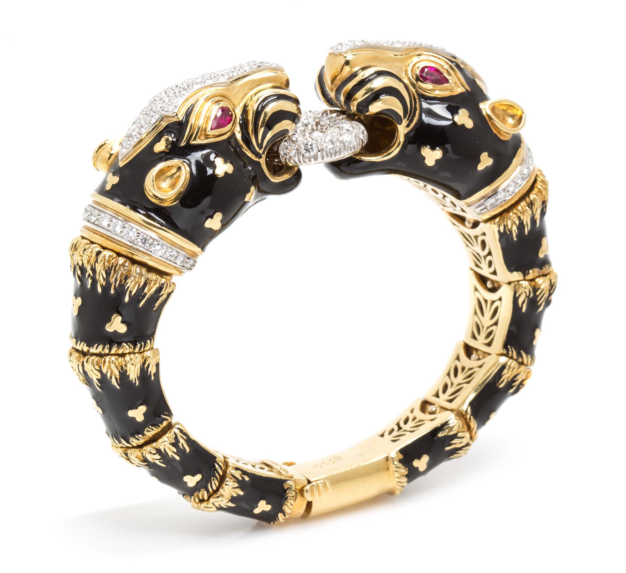 An 18 Karat Yellow Gold, Ruby, Diamond and Enamel Panther Bracelet, Wempe, 107.90 dwts.